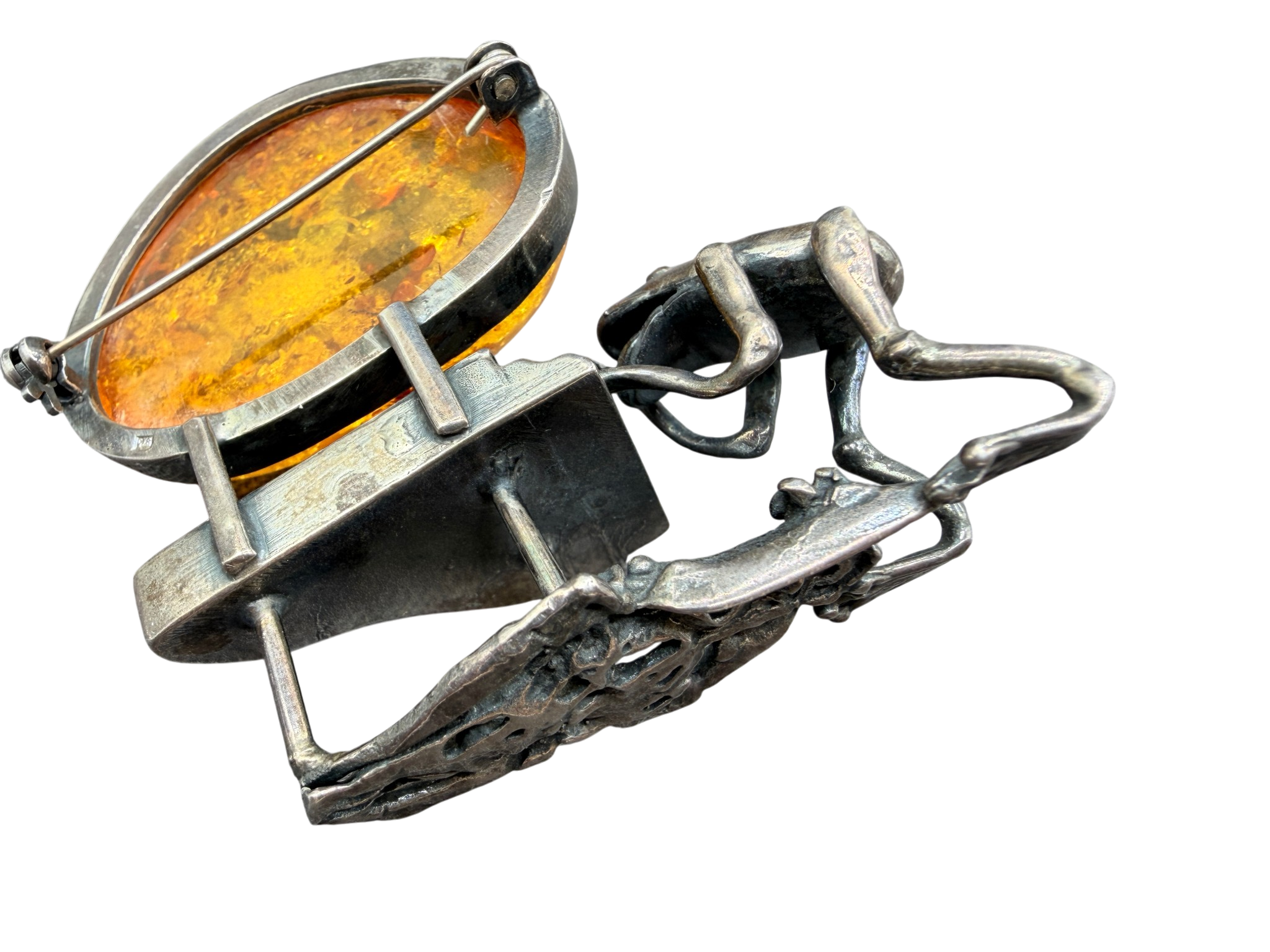 1960s Sterling Silver Frog Playing Piano Brooch with Amber Moon