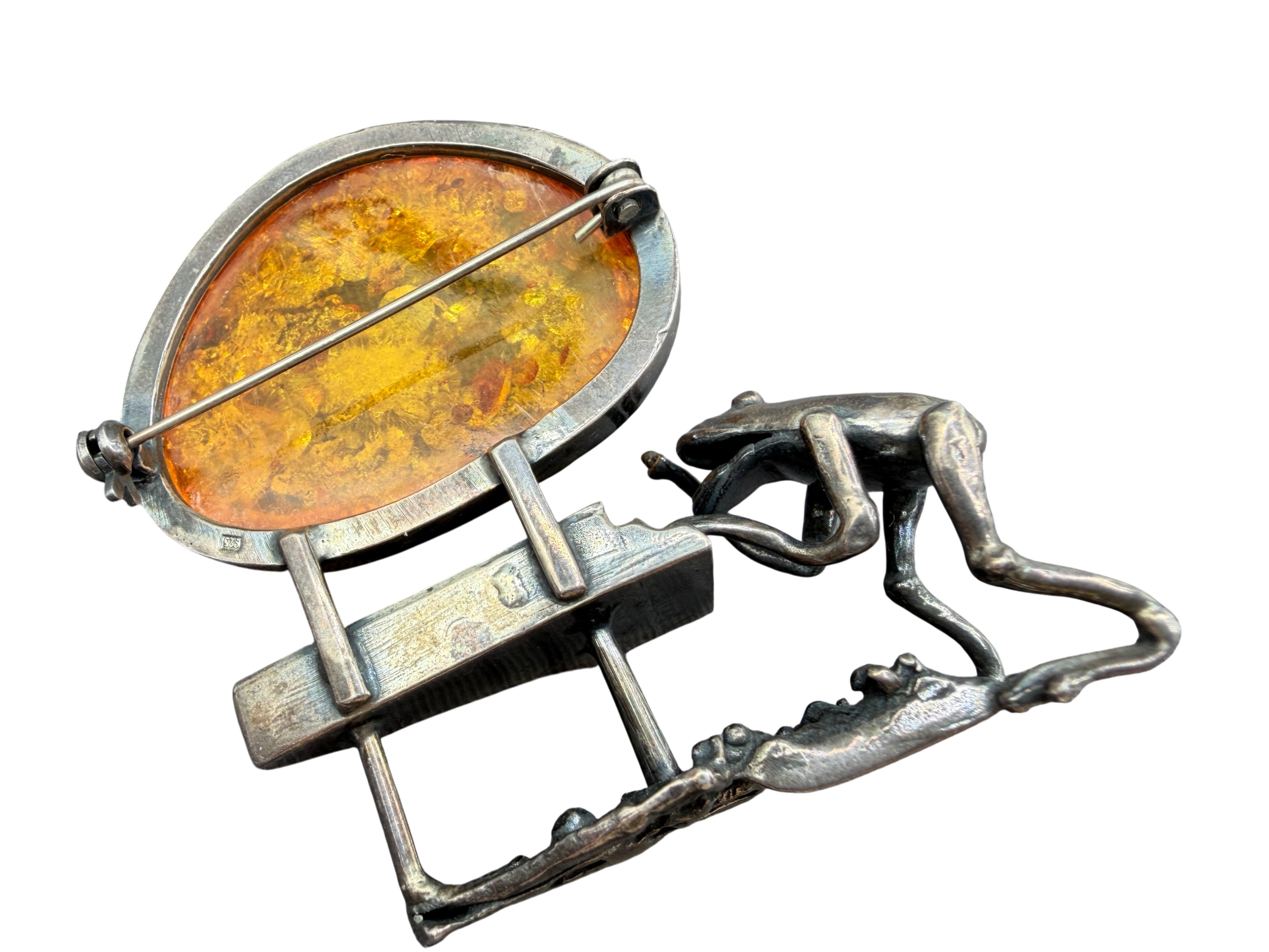 1960s Sterling Silver Frog Playing Piano Brooch with Amber Moon