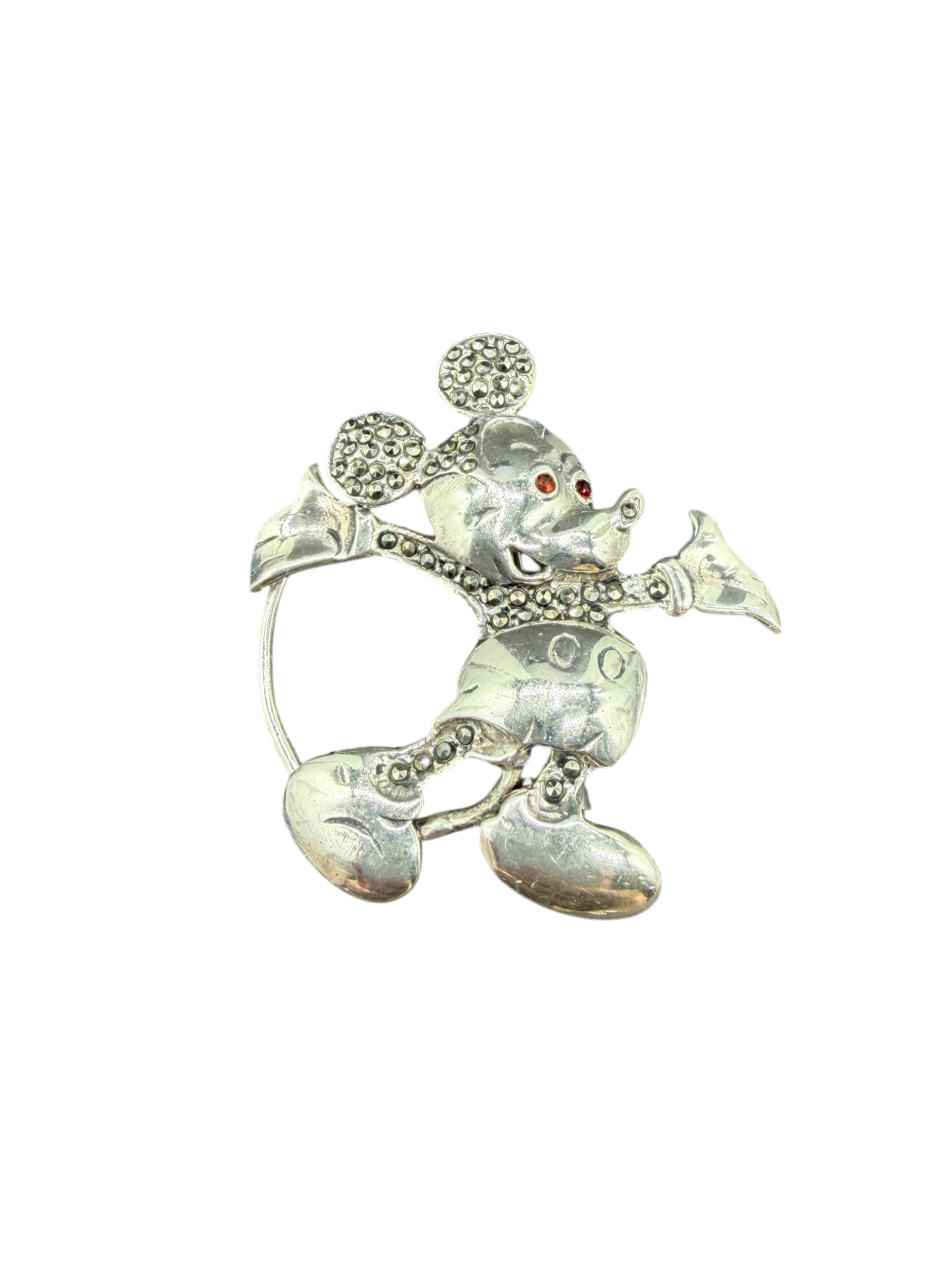 1970s Sterling Silver Mickey Mouse Brooch with Marcasite and Ruby Eyes