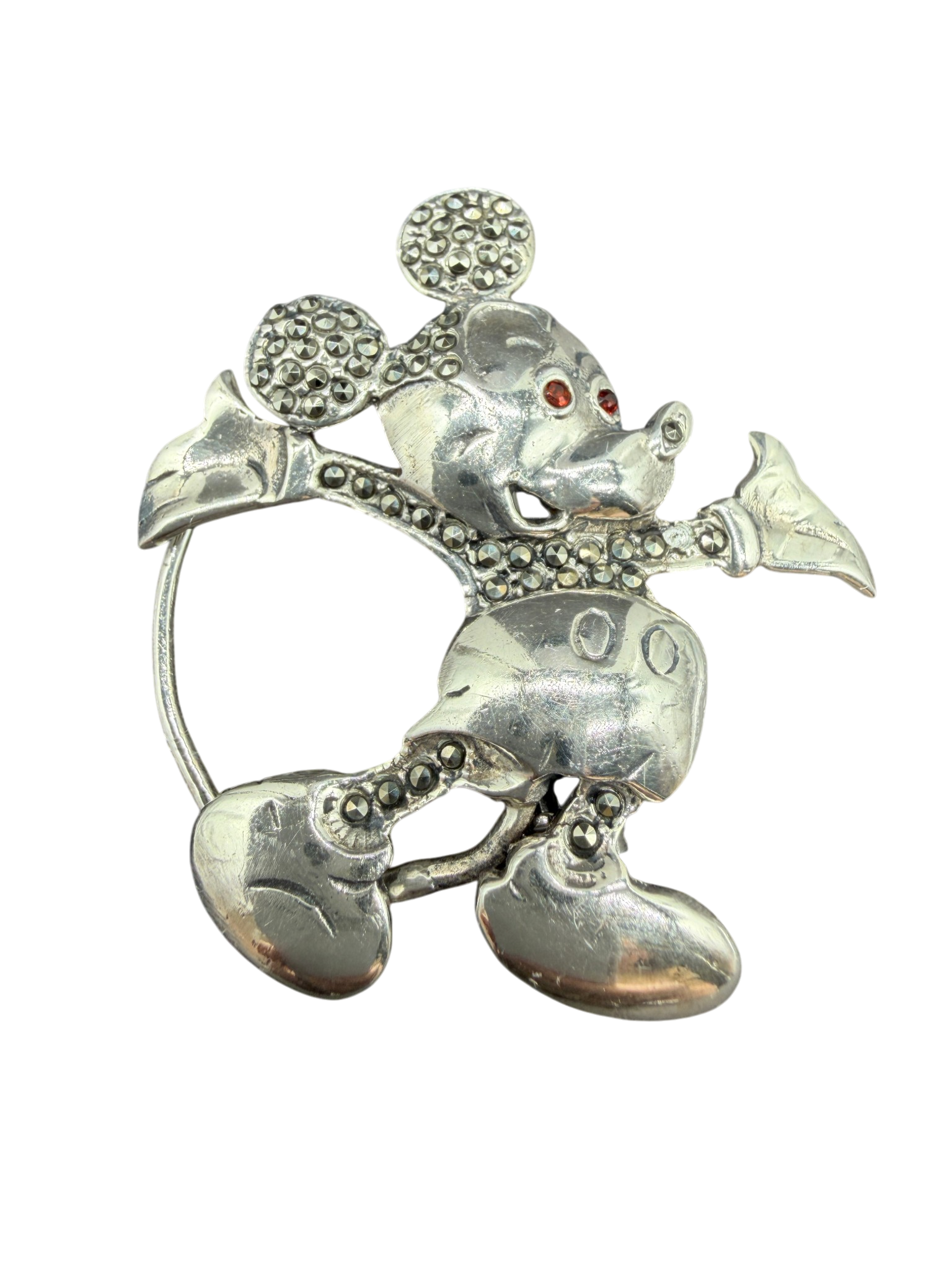 1970s Sterling Silver Mickey Mouse Brooch with Marcasite and Ruby Eyes