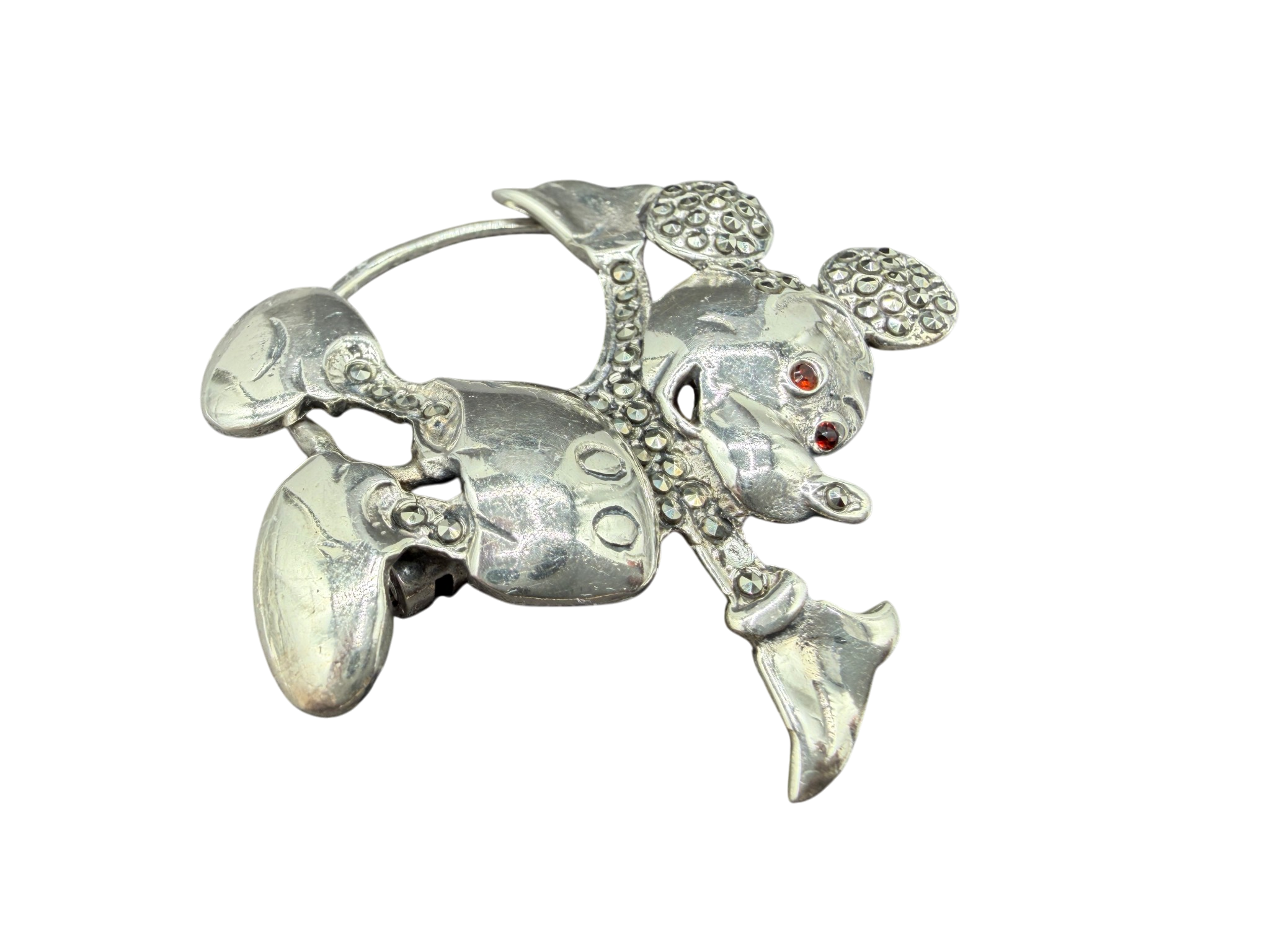 1970s Sterling Silver Mickey Mouse Brooch with Marcasite and Ruby Eyes