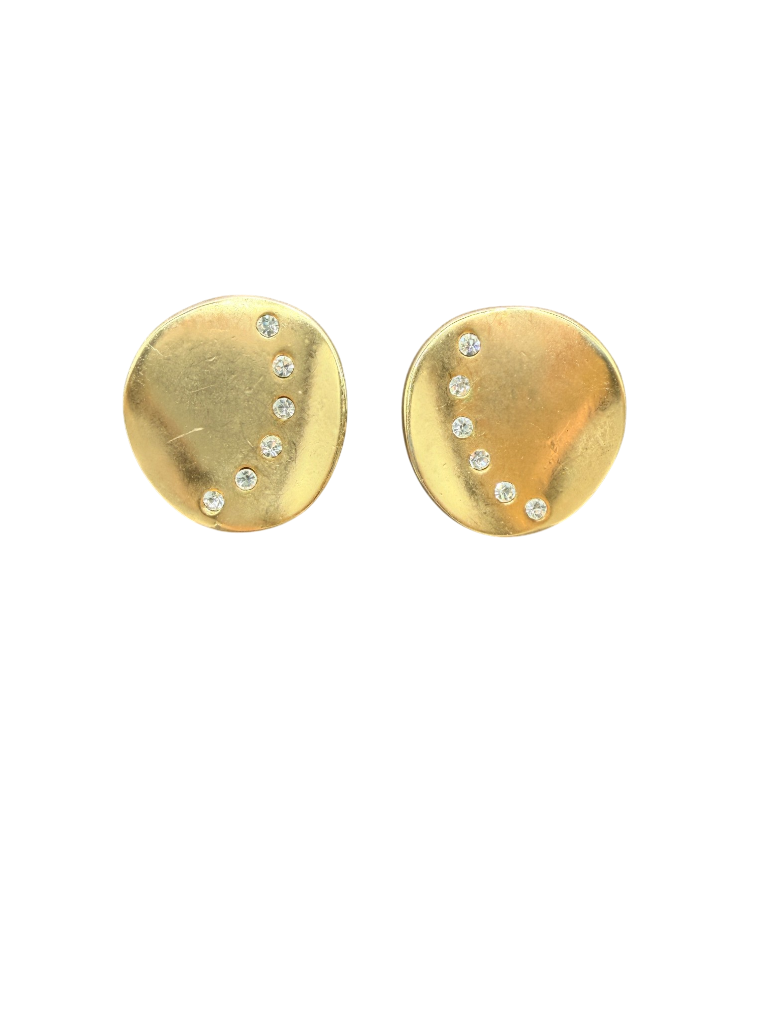 1980s Matte Gold-Tone Disc Clip Earrings with Rhinestone Arc