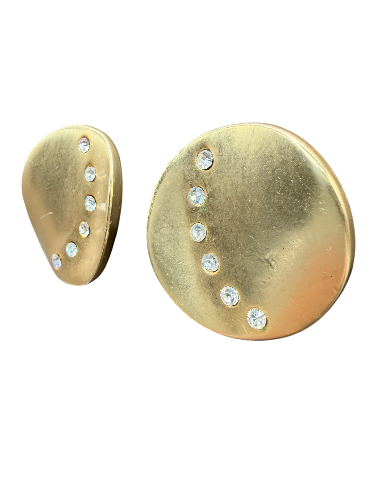 1980s Matte Gold-Tone Disc Clip Earrings with Rhinestone Arc