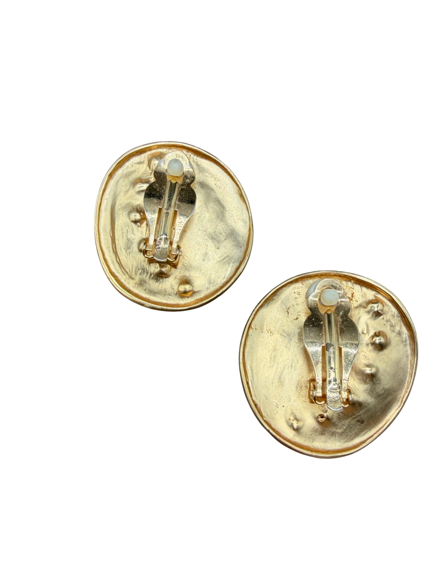 1980s Matte Gold-Tone Disc Clip Earrings with Rhinestone Arc
