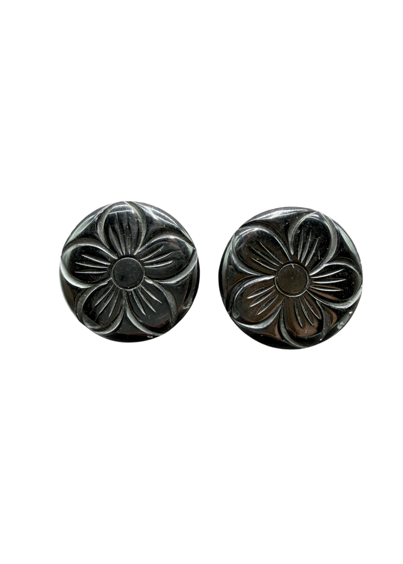 1960s Black Lucite Carved Flower Disc Clip-On Earrings