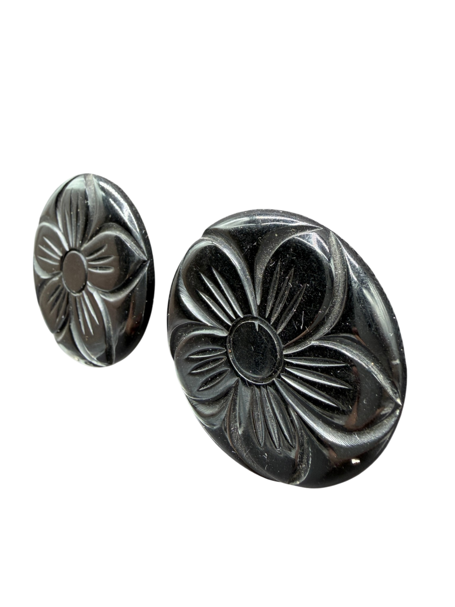 1960s Black Lucite Carved Flower Disc Clip-On Earrings