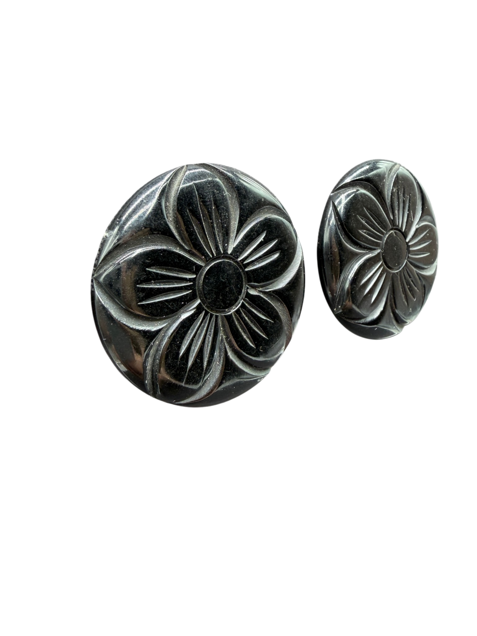 1960s Black Lucite Carved Flower Disc Clip-On Earrings