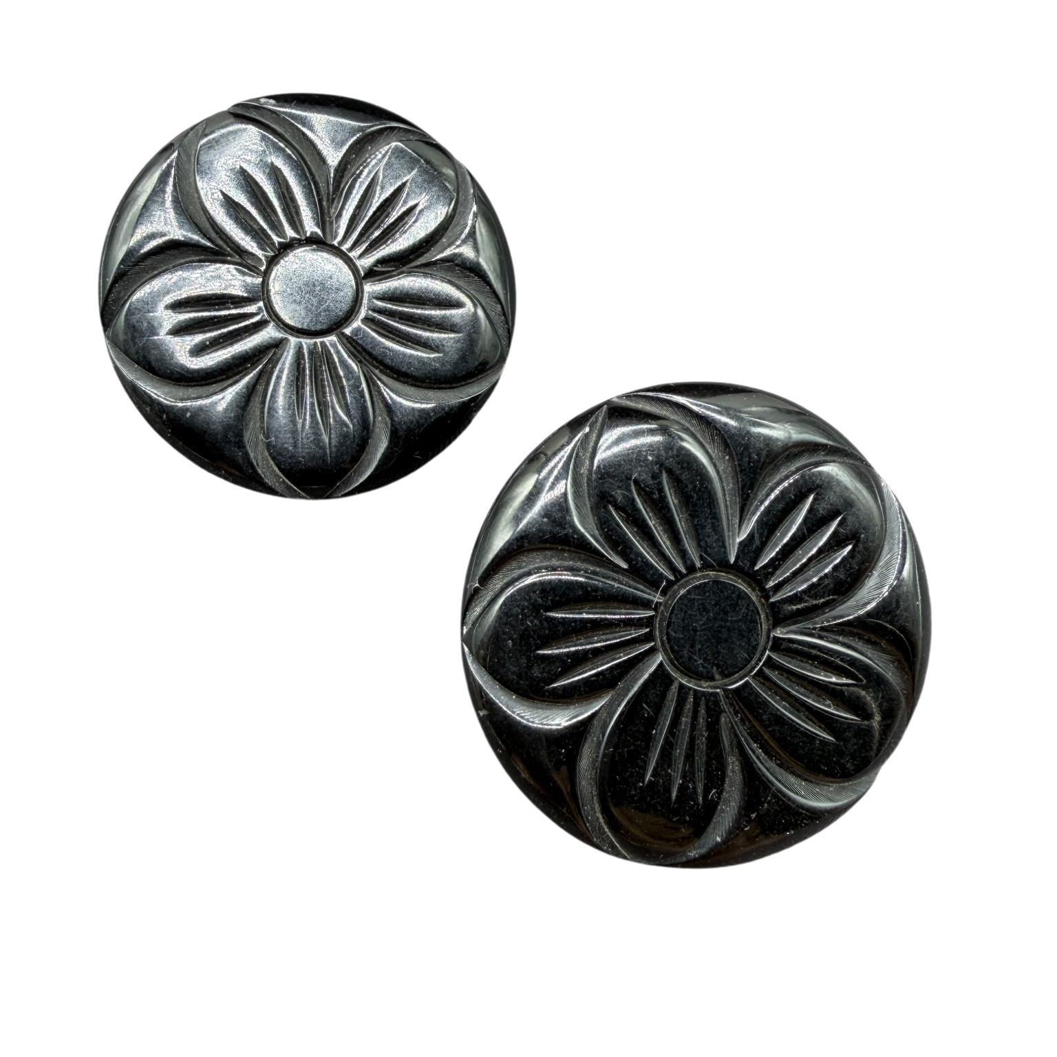 1960s Black Lucite Carved Flower Disc Clip-On Earrings