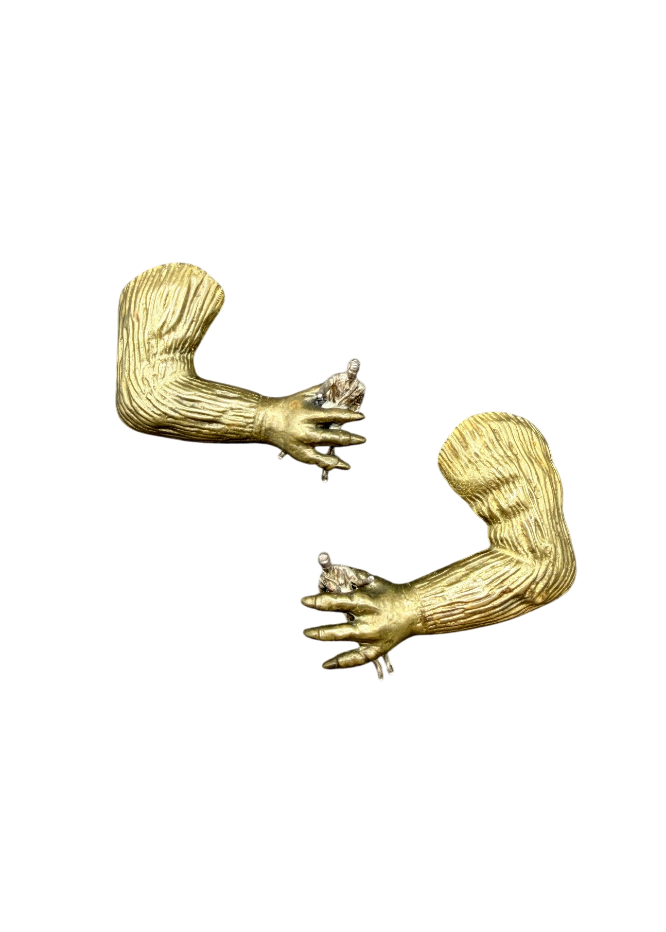 RARE 1970s Linda Hesh Figural “Monster Arm” Earrings with Miniature Figure
