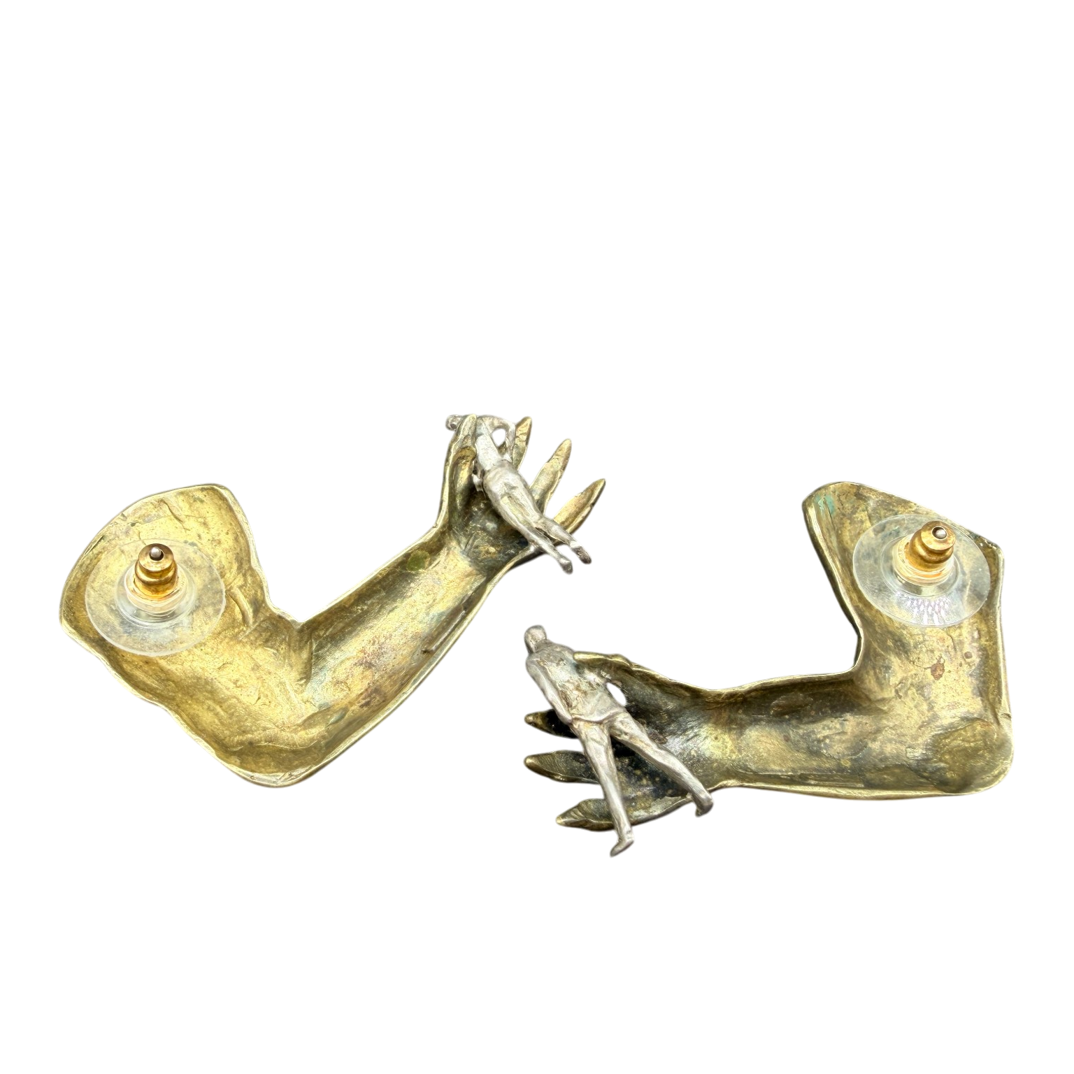 RARE 1970s Linda Hesh Figural “Monster Arm” Earrings with Miniature Figure