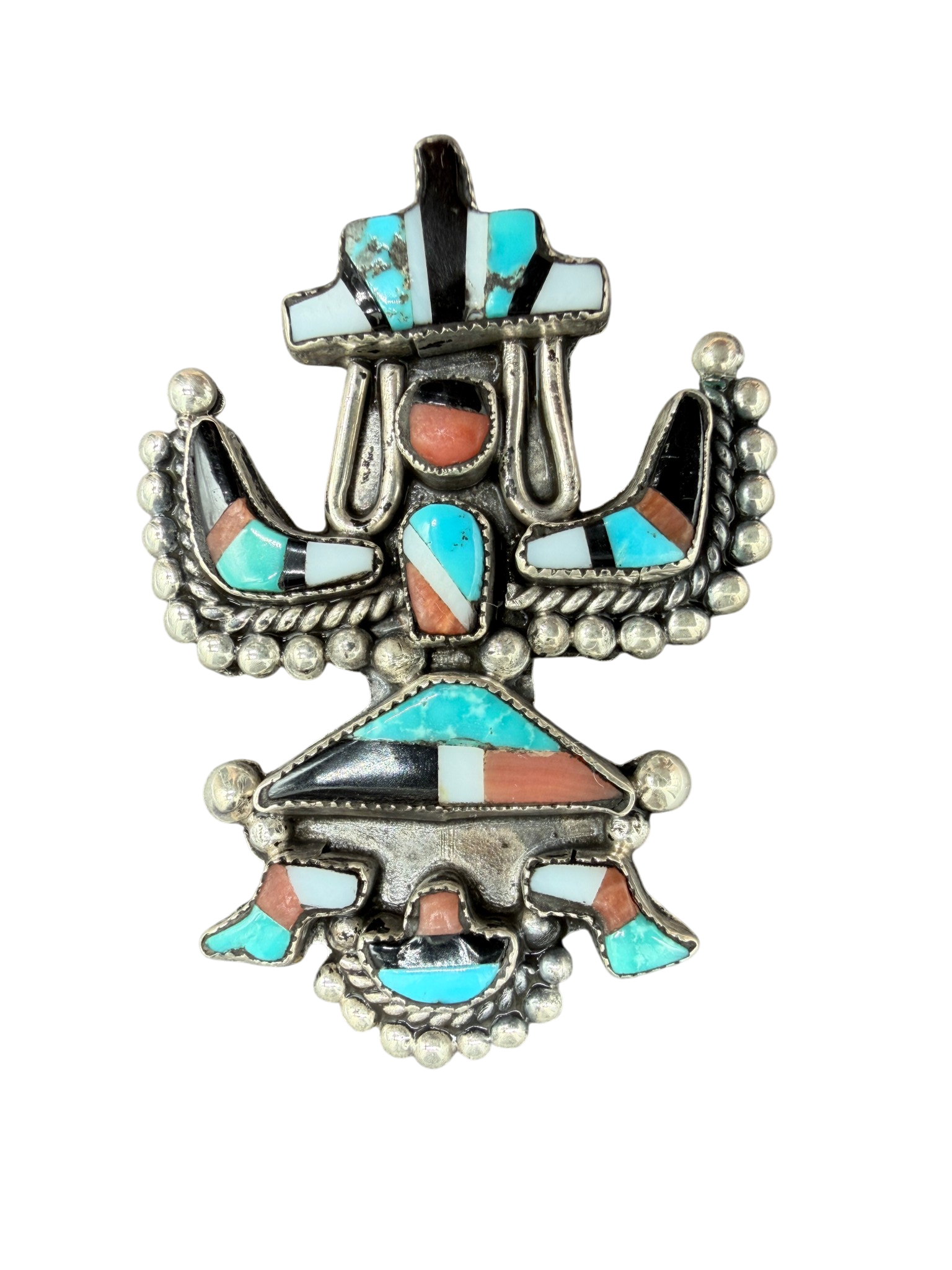 1970s Zuni Sterling Silver Multi-Stone Inlay “Dancing Figure” Brooch