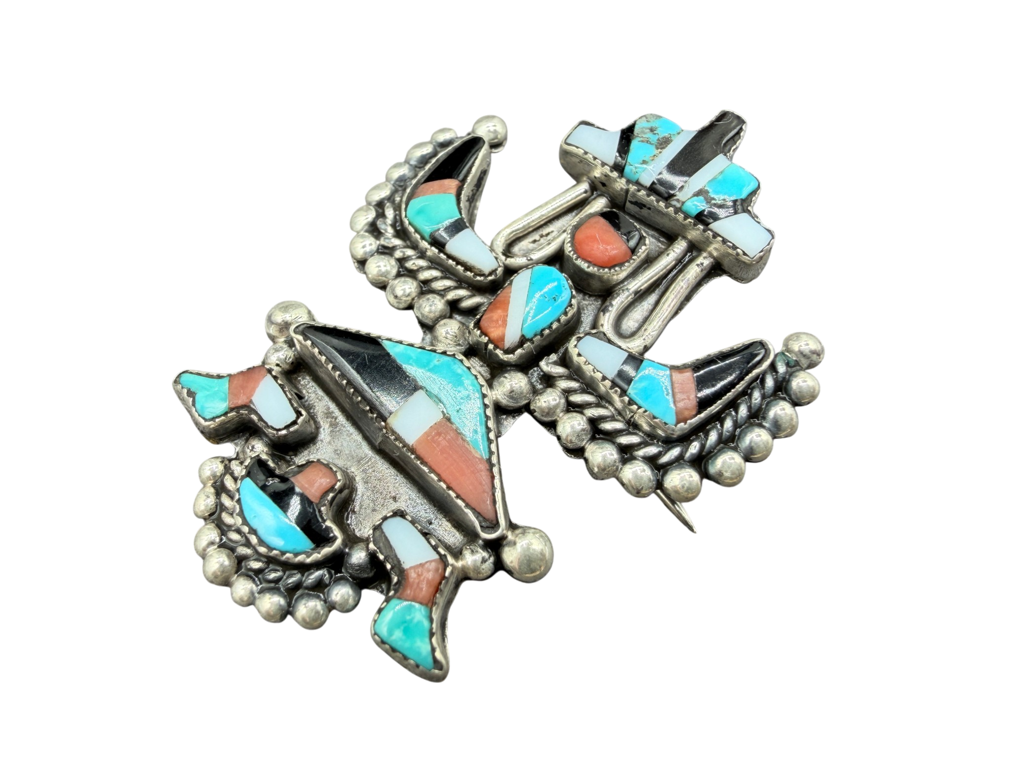 1970s Zuni Sterling Silver Multi-Stone Inlay “Dancing Figure” Brooch