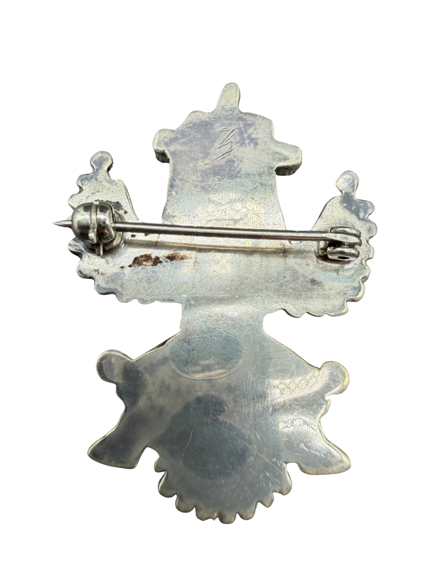 1970s Zuni Sterling Silver Multi-Stone Inlay “Dancing Figure” Brooch