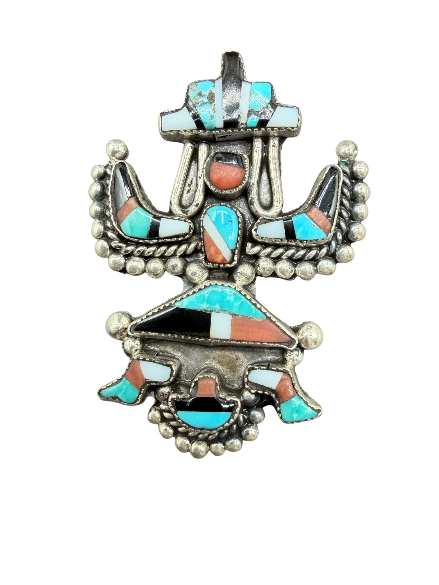 1970s Zuni Sterling Silver Multi-Stone Inlay “Dancing Figure” Brooch
