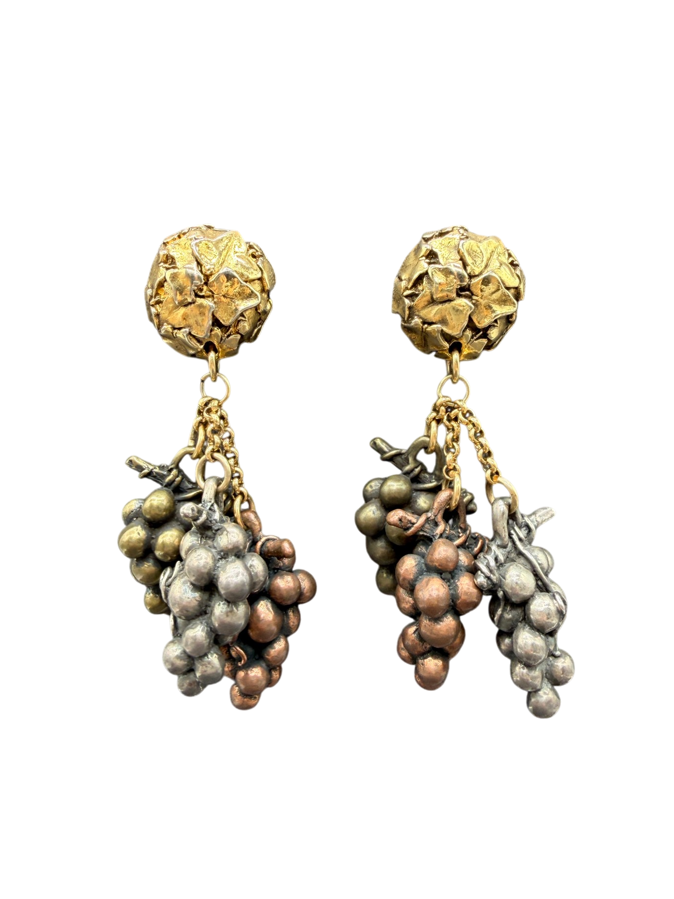 1950s Satellite Paris Multi-Metal Grape Dangle Clip-On Earrings