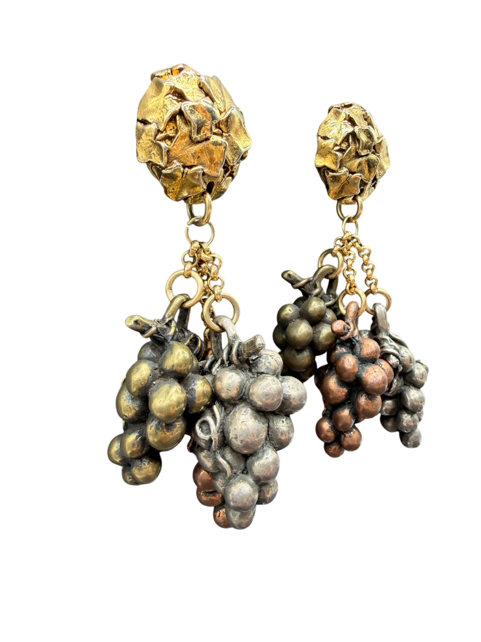 1950s Satellite Paris Multi-Metal Grape Dangle Clip-On Earrings
