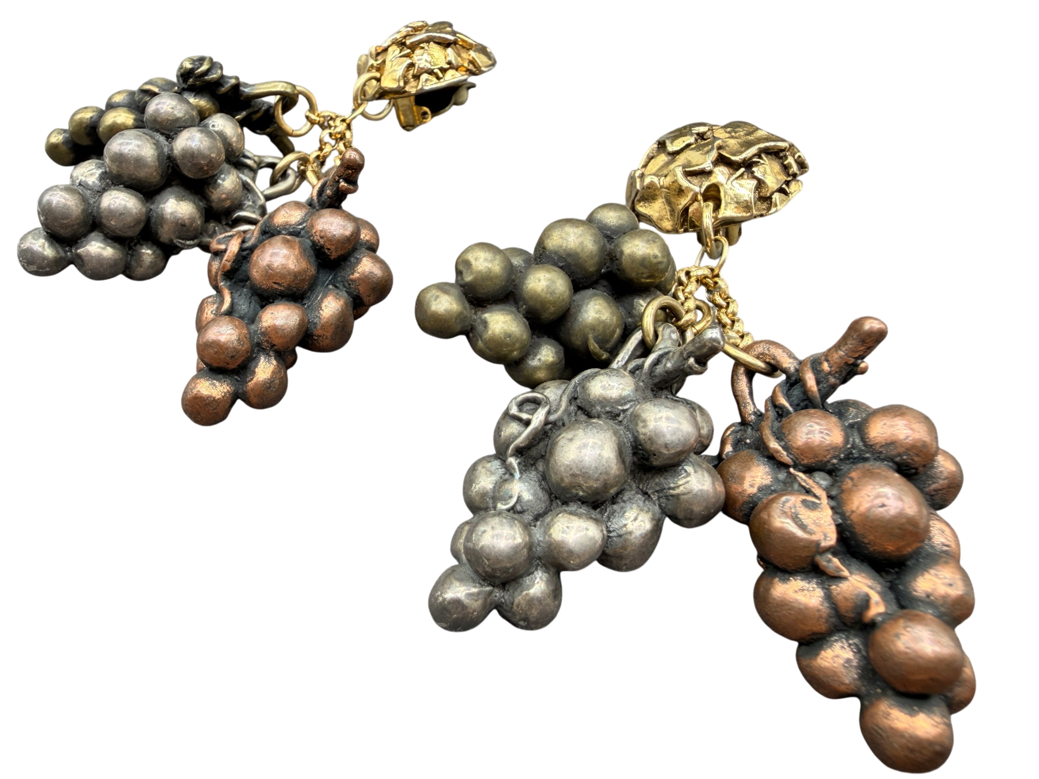 1950s Satellite Paris Multi-Metal Grape Dangle Clip-On Earrings
