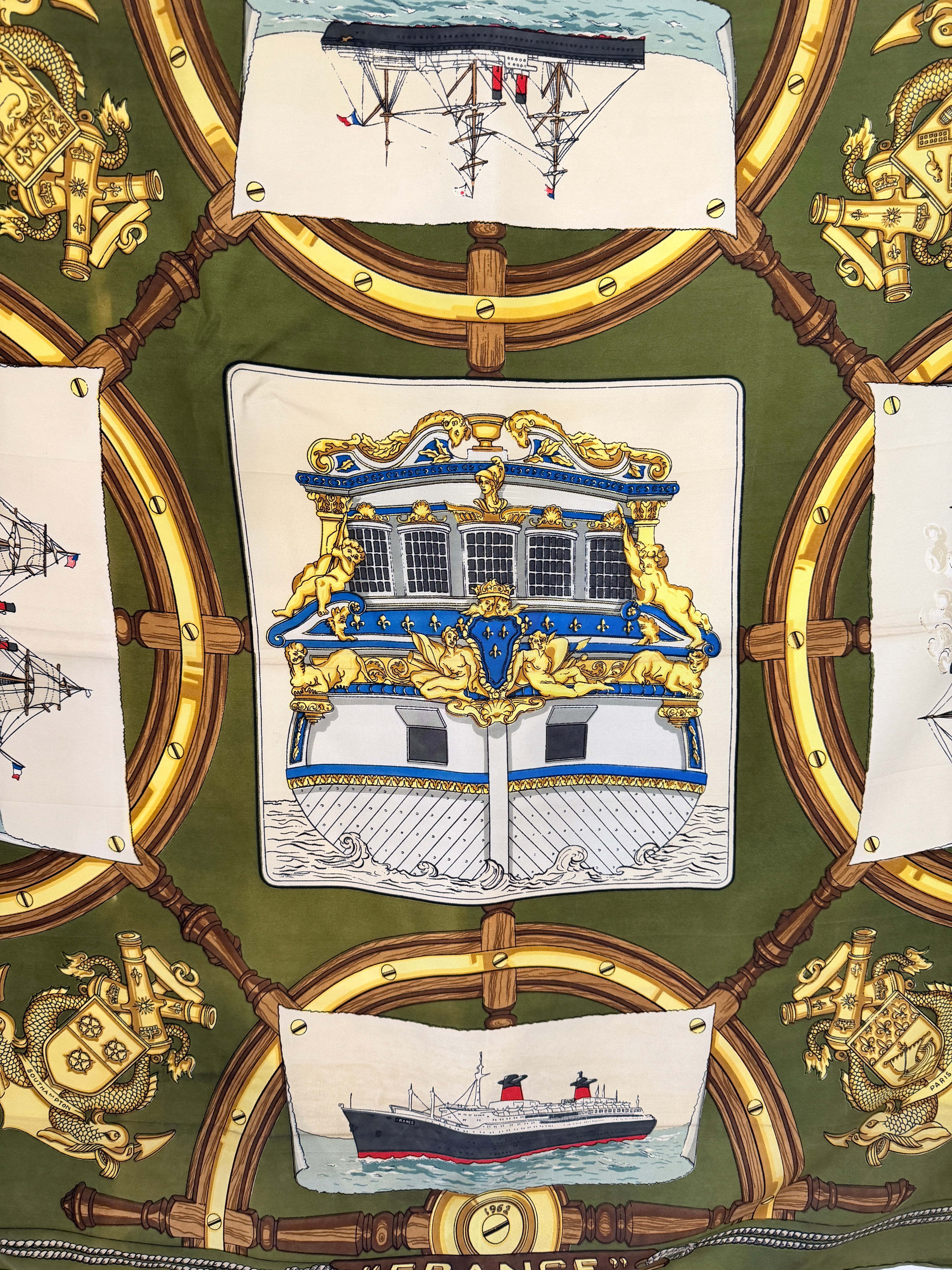 1962 Authentic Hermès “Le France” Silk Scarf by Christiane Vauzelles
