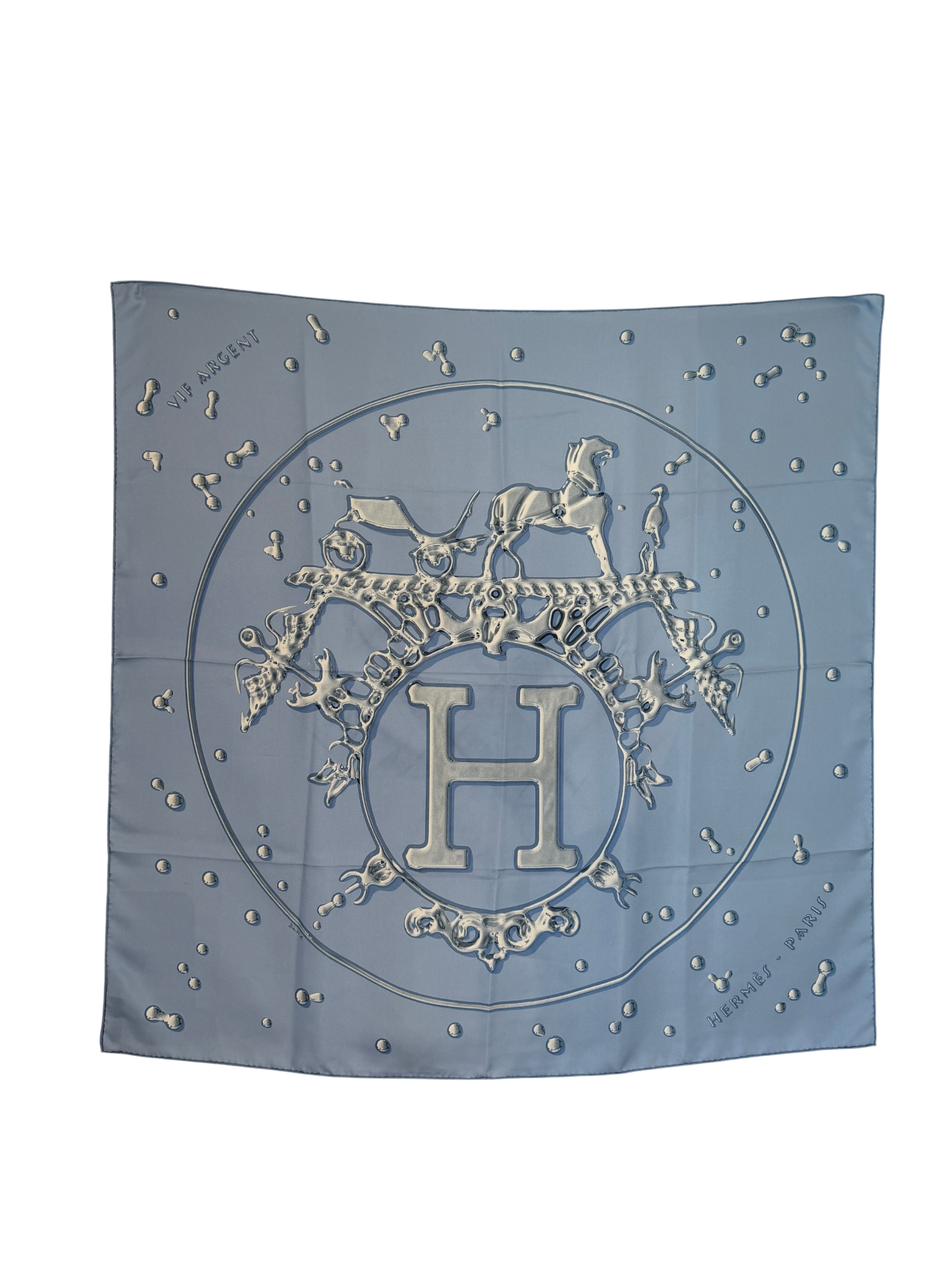 Hermès “Vif Argent” Pale Blue Silk Water Drop Horse Scarf