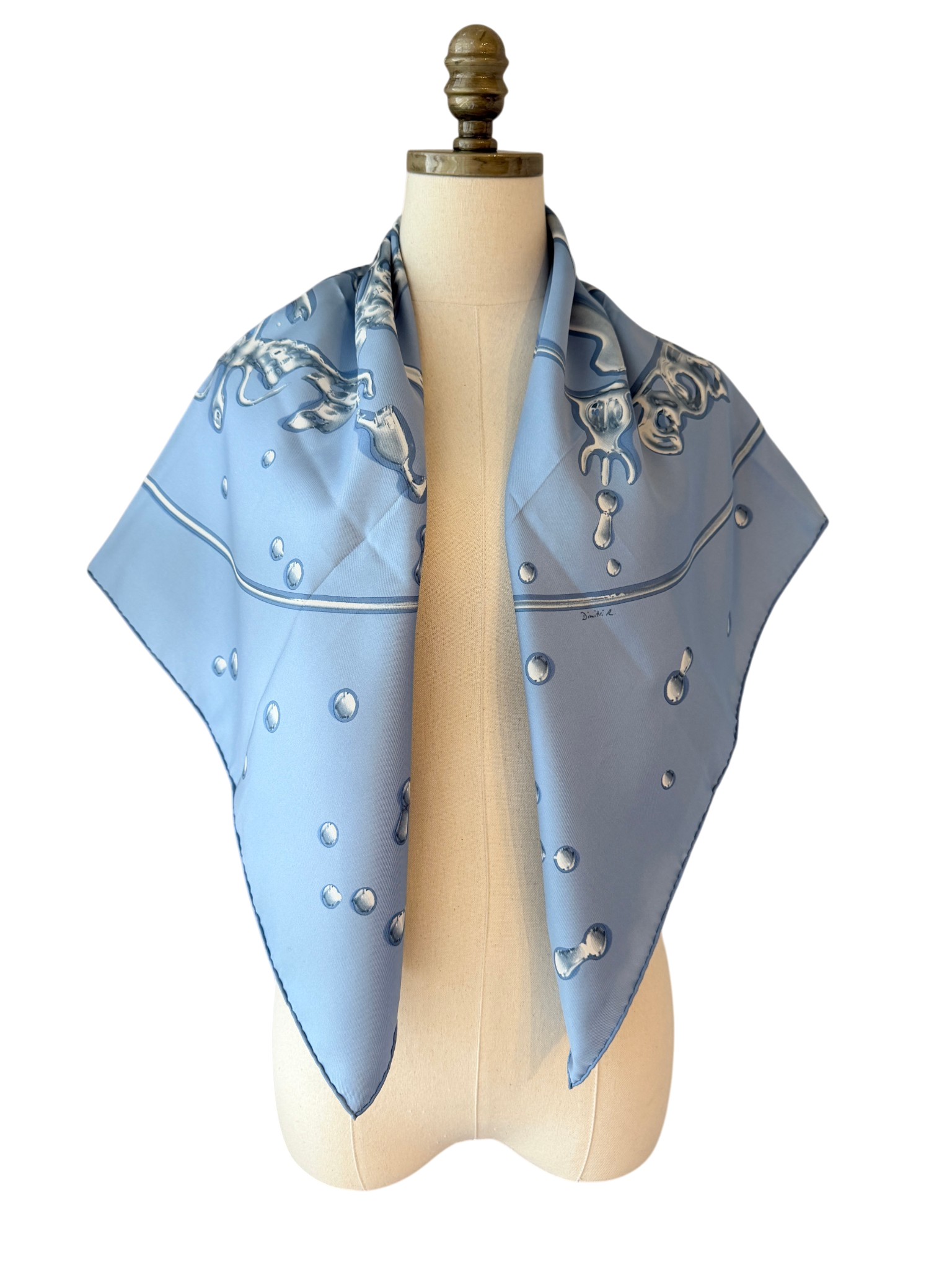 Hermès “Vif Argent” Pale Blue Silk Water Drop Horse Scarf