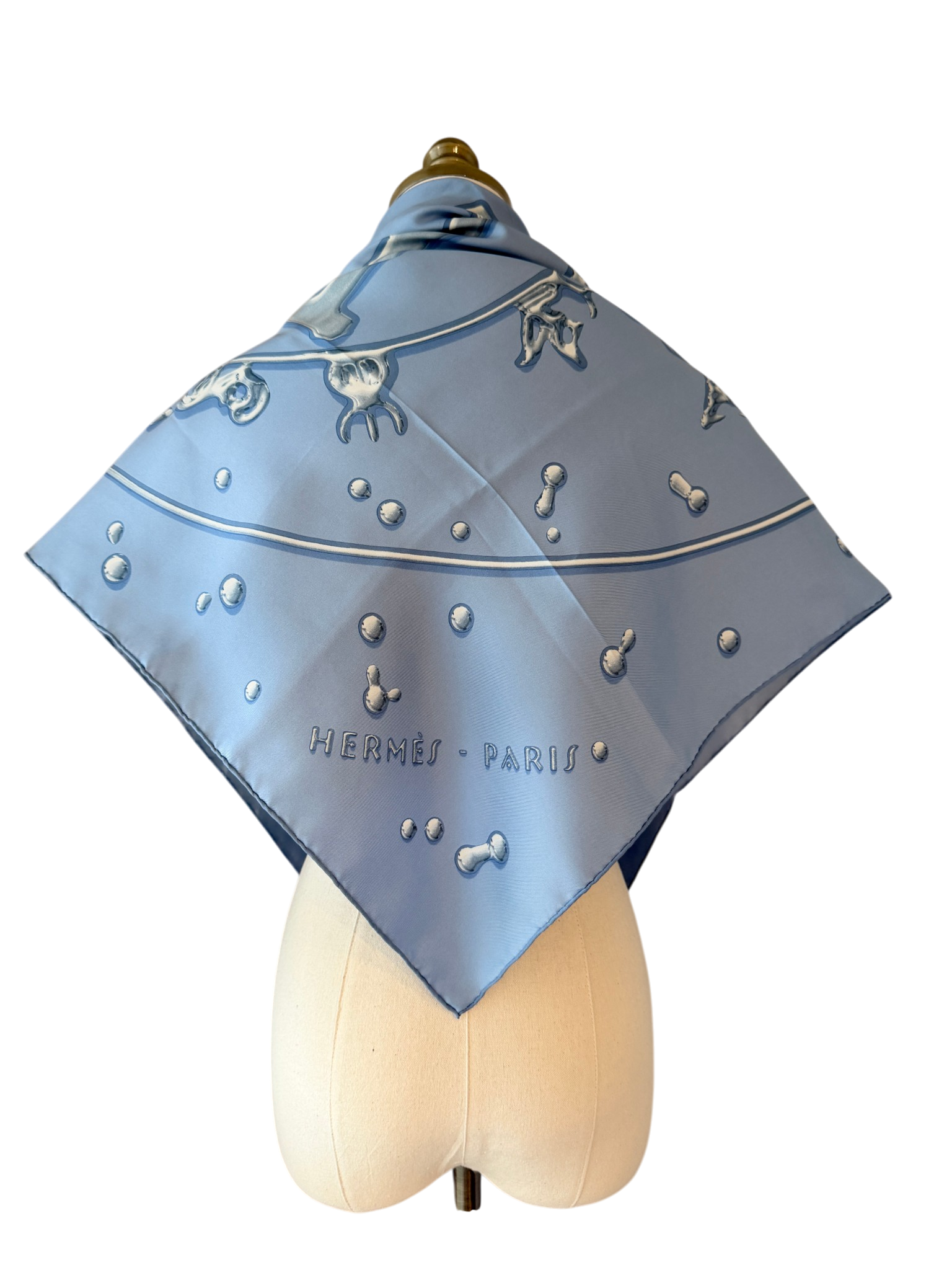 Hermès “Vif Argent” Pale Blue Silk Water Drop Horse Scarf