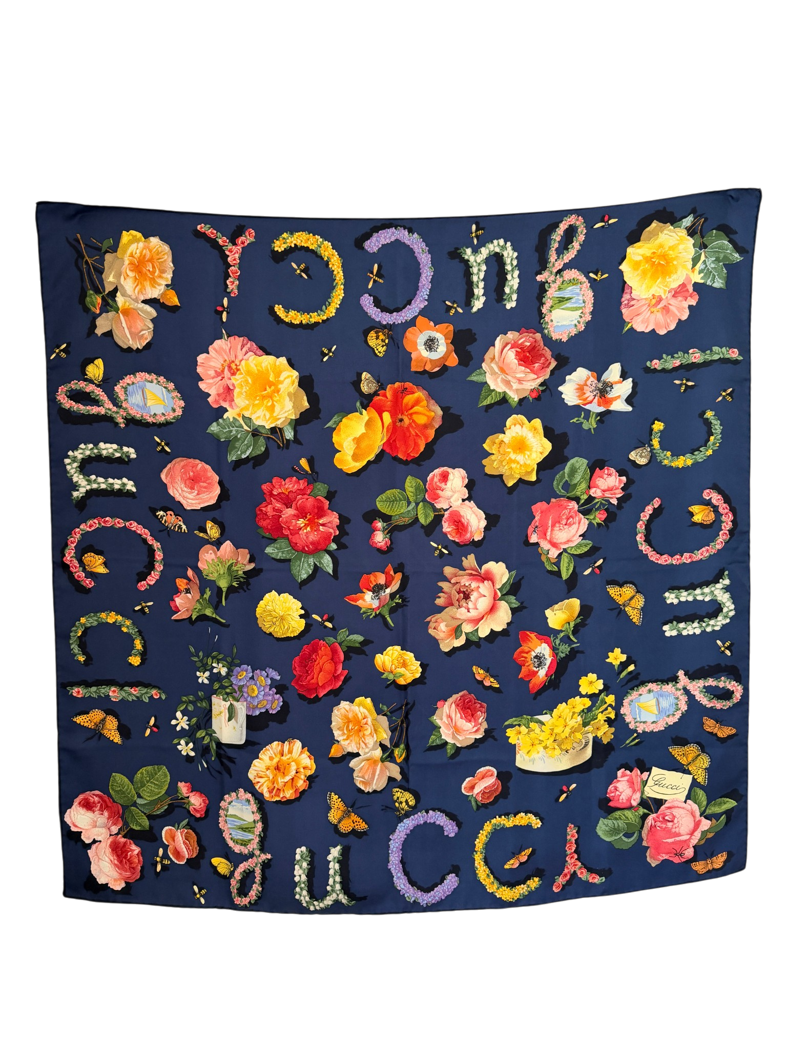 Gucci Navy Silk Scarf with Floral Design