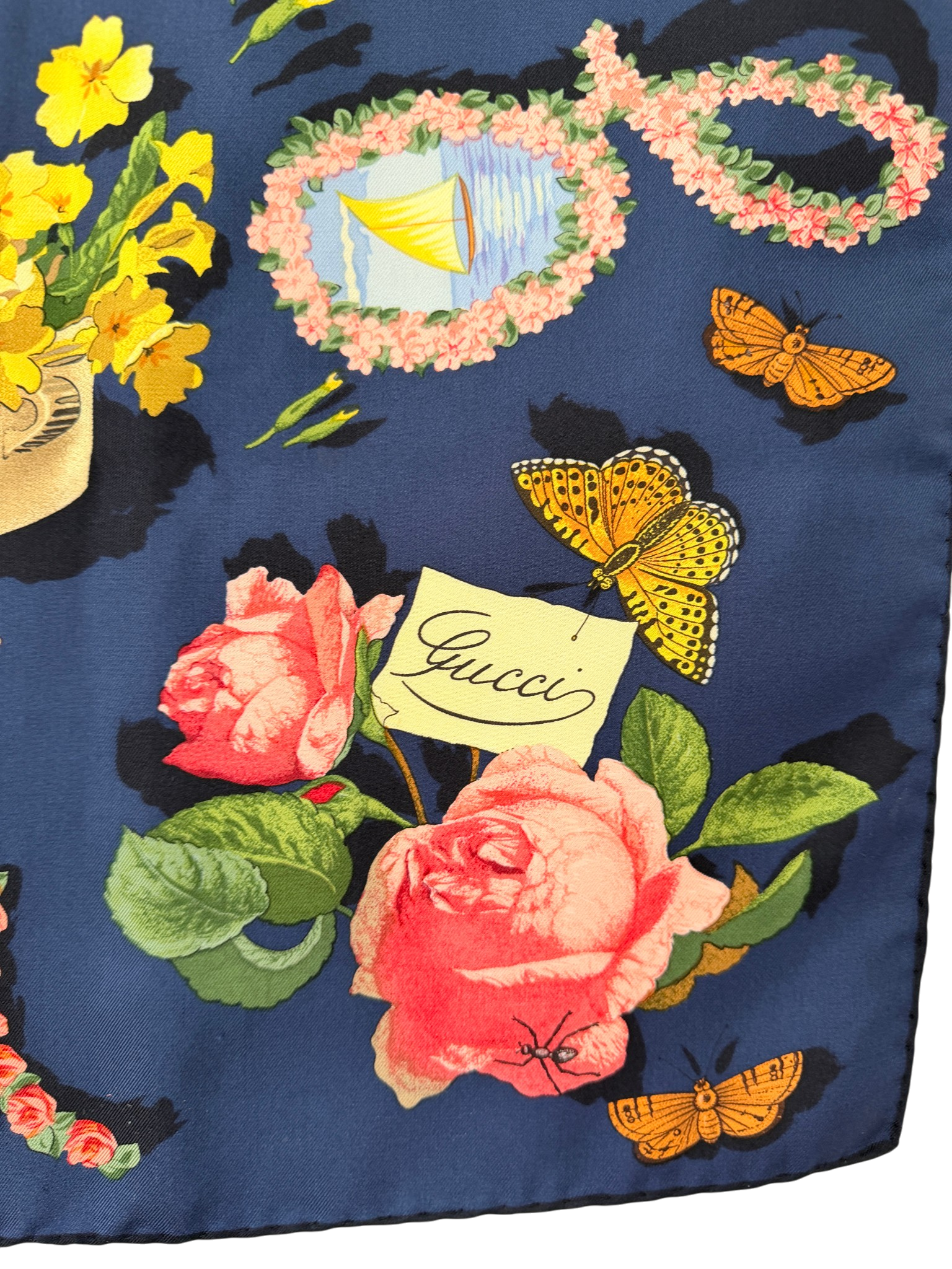 Gucci Navy Silk Scarf with Floral Design