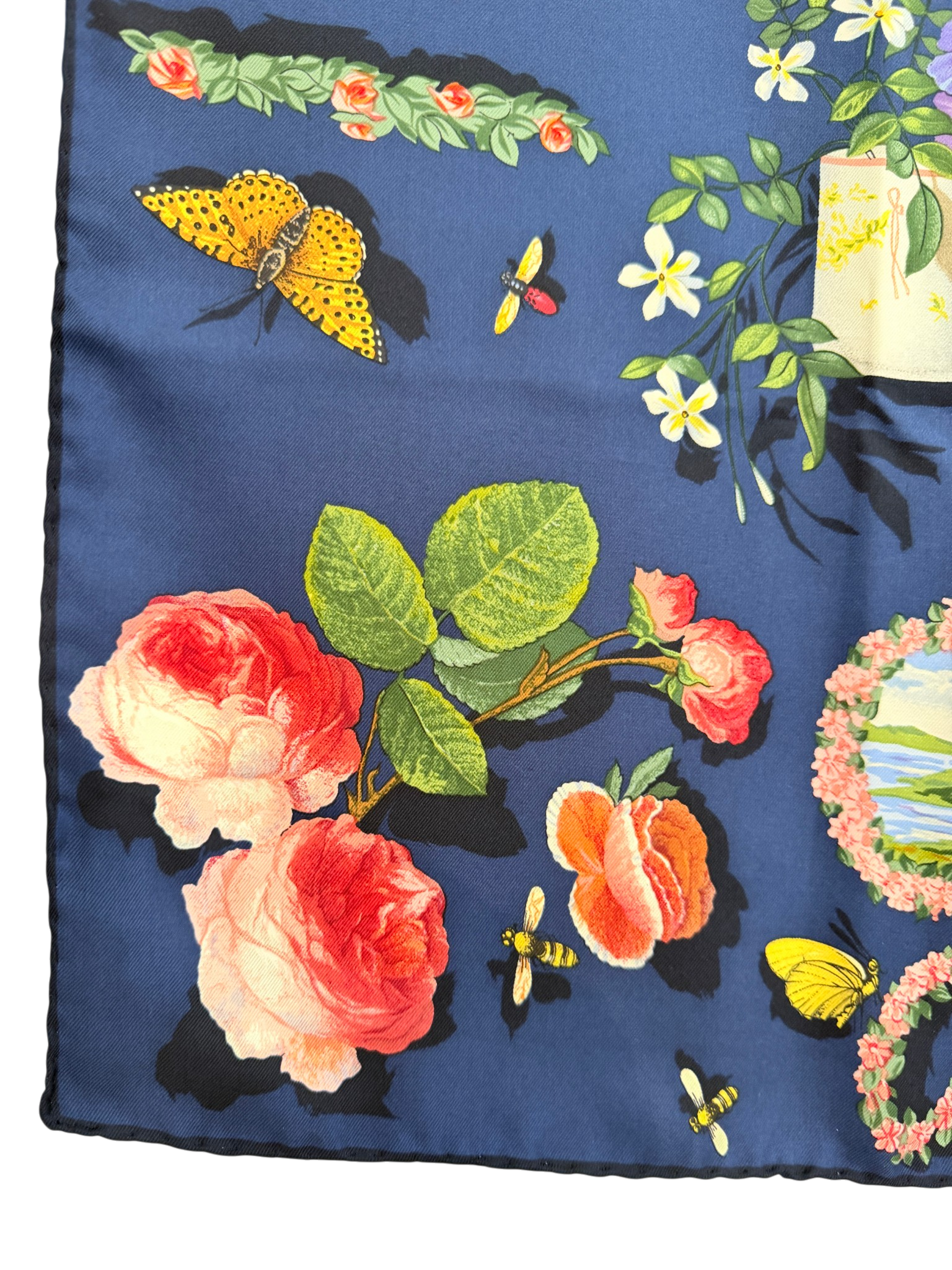 Gucci Navy Silk Scarf with Floral Design
