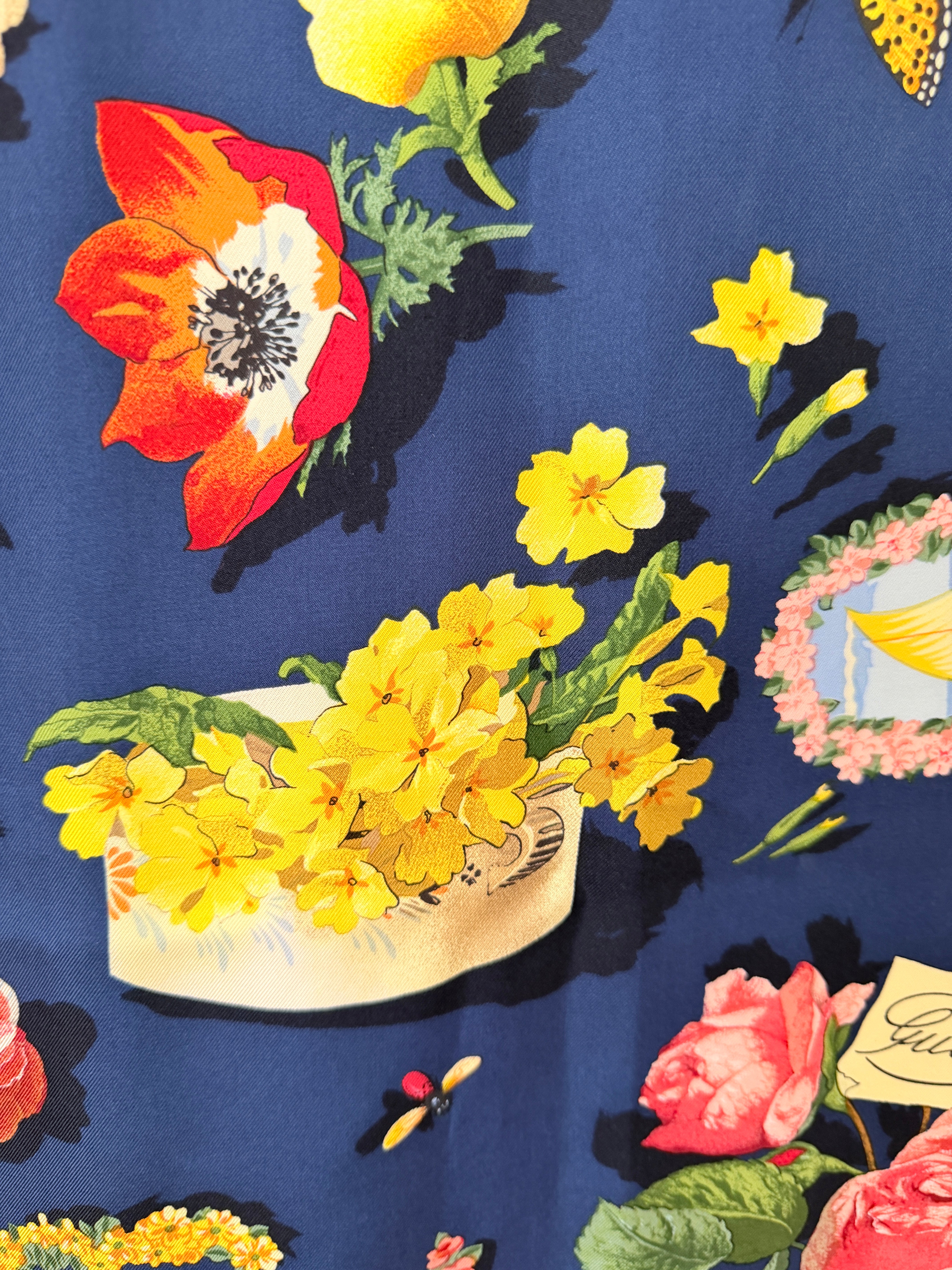 Gucci Navy Silk Scarf with Floral Design