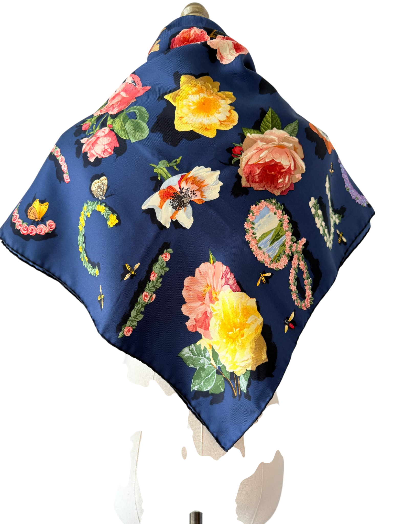 Gucci Navy Silk Scarf with Floral Design