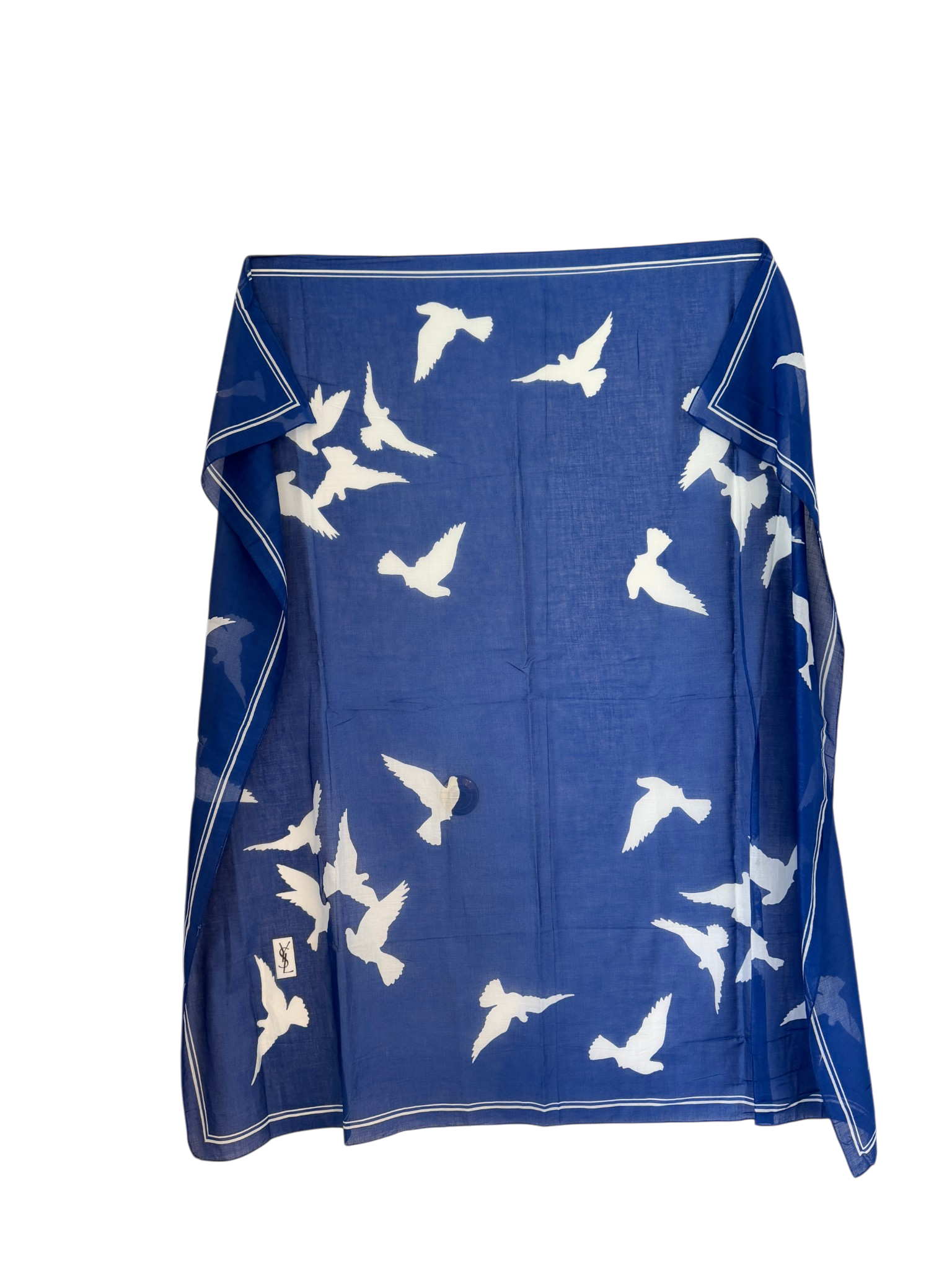 Yves Saint Laurent Royal Blue Cotton Shawl/Scarf with White Doves