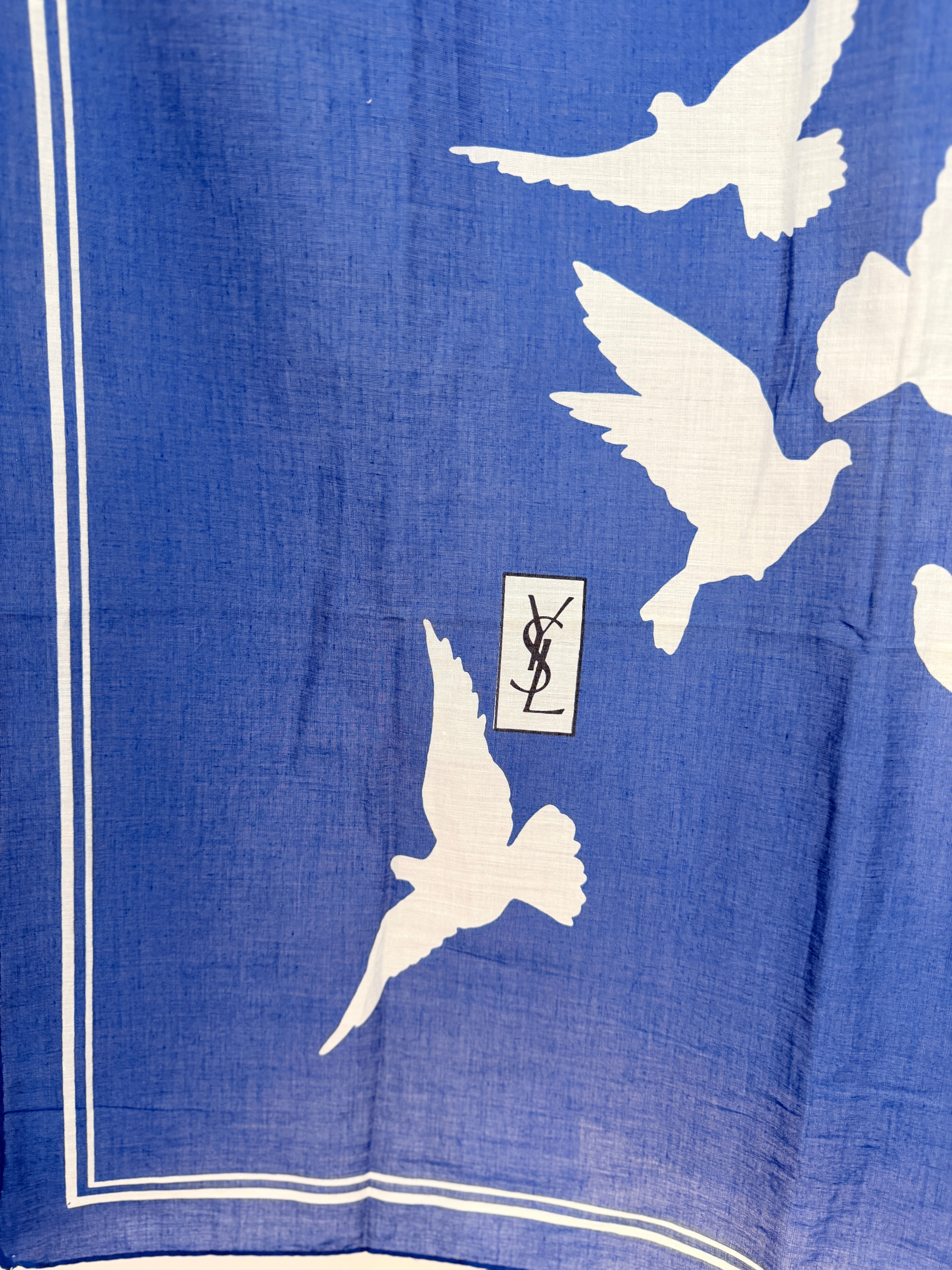 Yves Saint Laurent Royal Blue Cotton Shawl/Scarf with White Doves