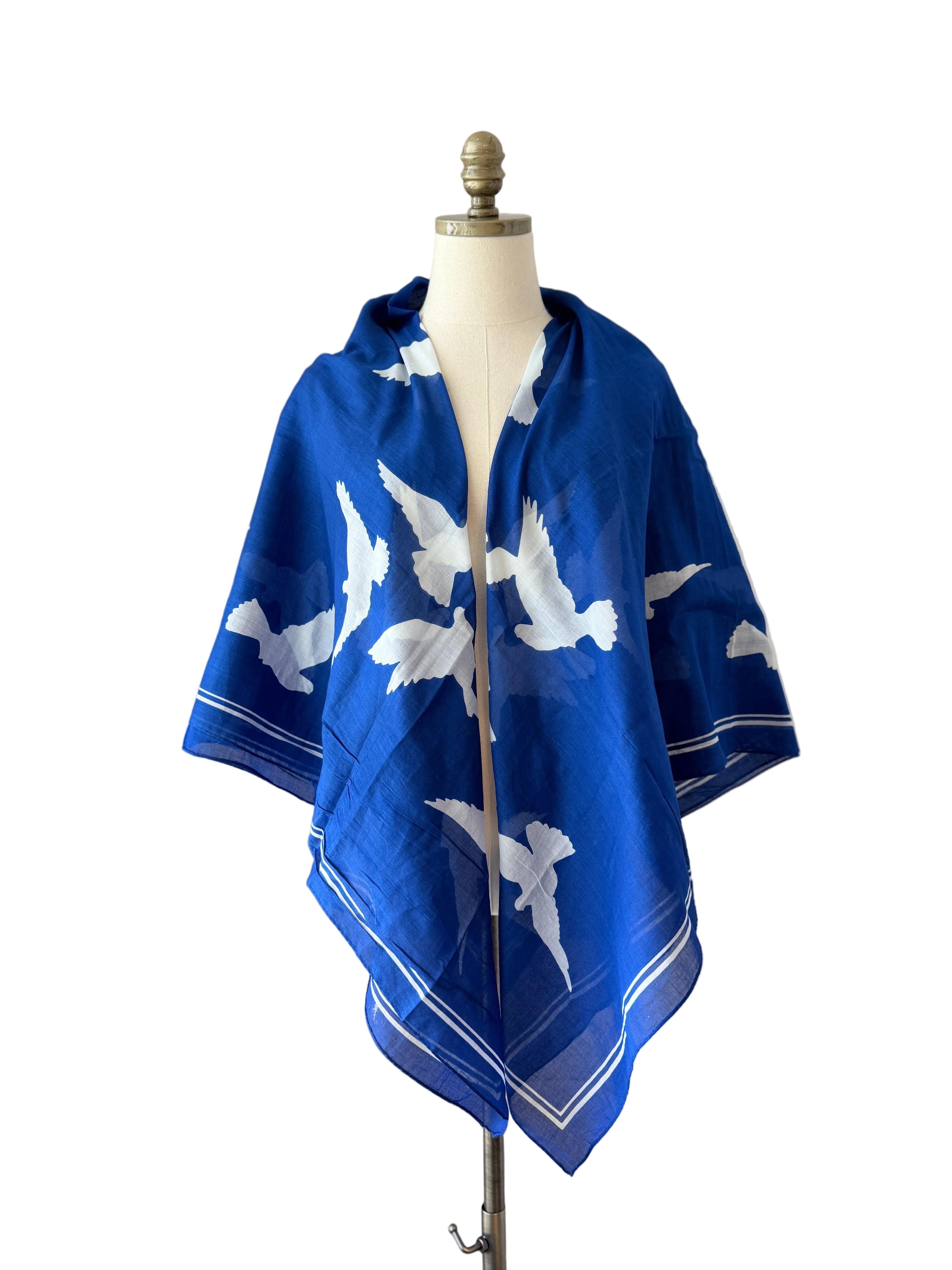 Yves Saint Laurent Royal Blue Cotton Shawl/Scarf with White Doves