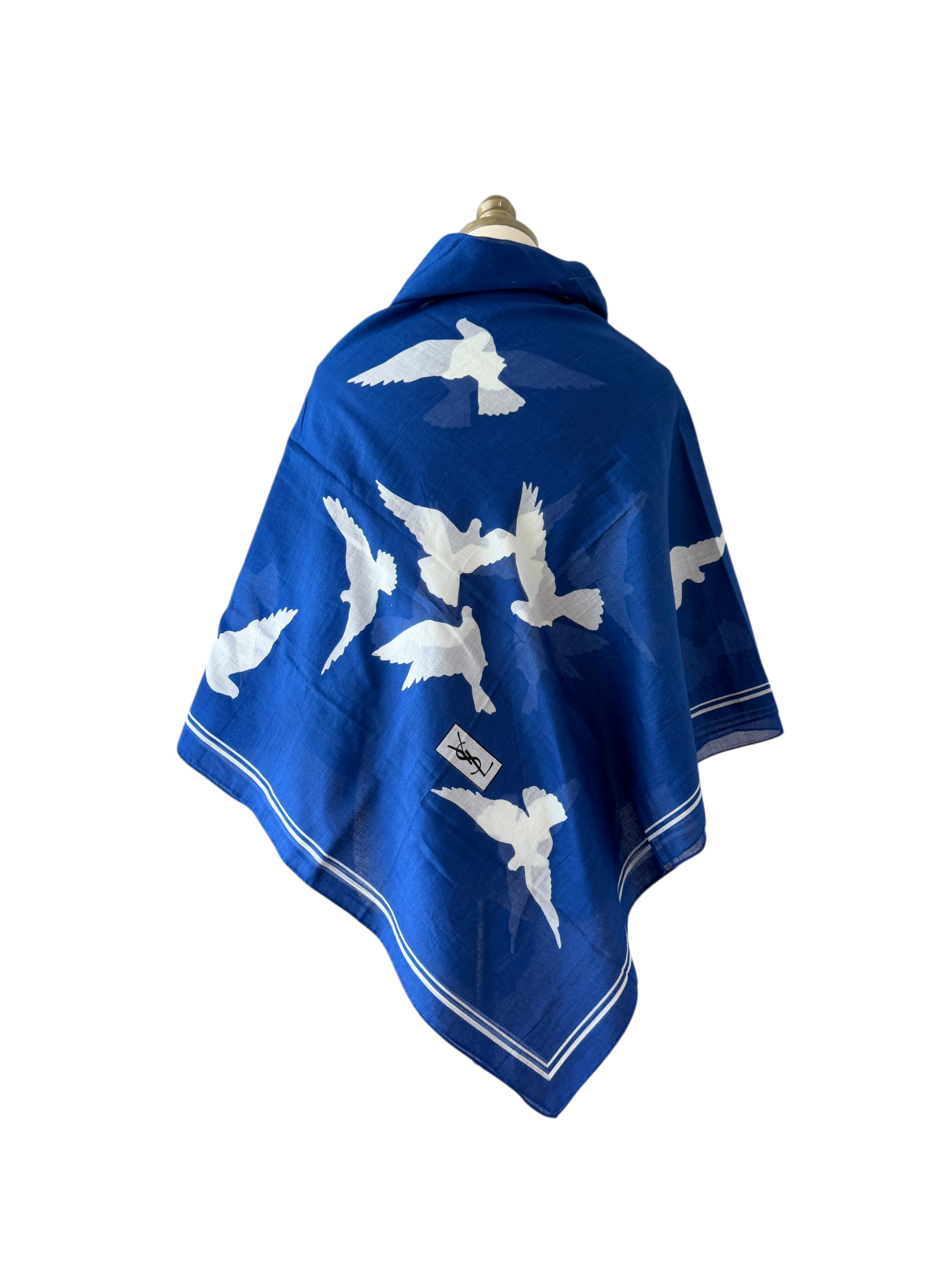 Yves Saint Laurent Royal Blue Cotton Shawl/Scarf with White Doves