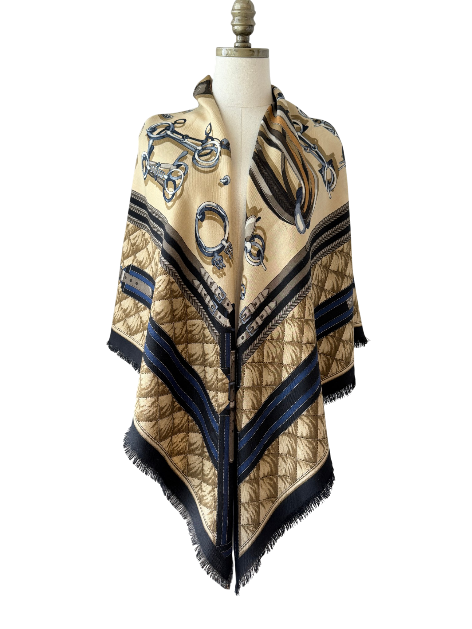 Gucci Navy & Beige Equestrian Cashmere Large Shawl