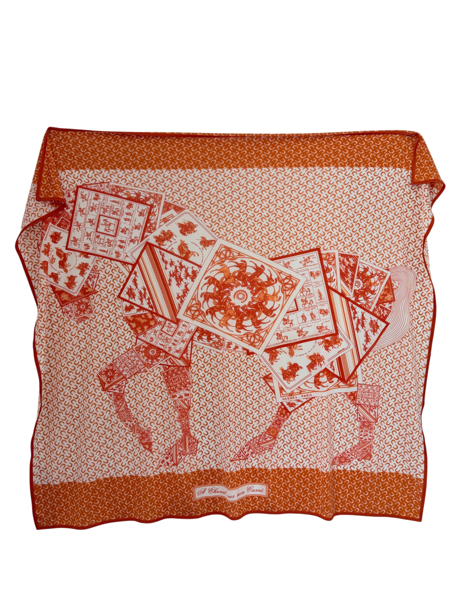 Hermès “À Cheval sur Mon Carré” Orange & White Silk Stretch Scarf