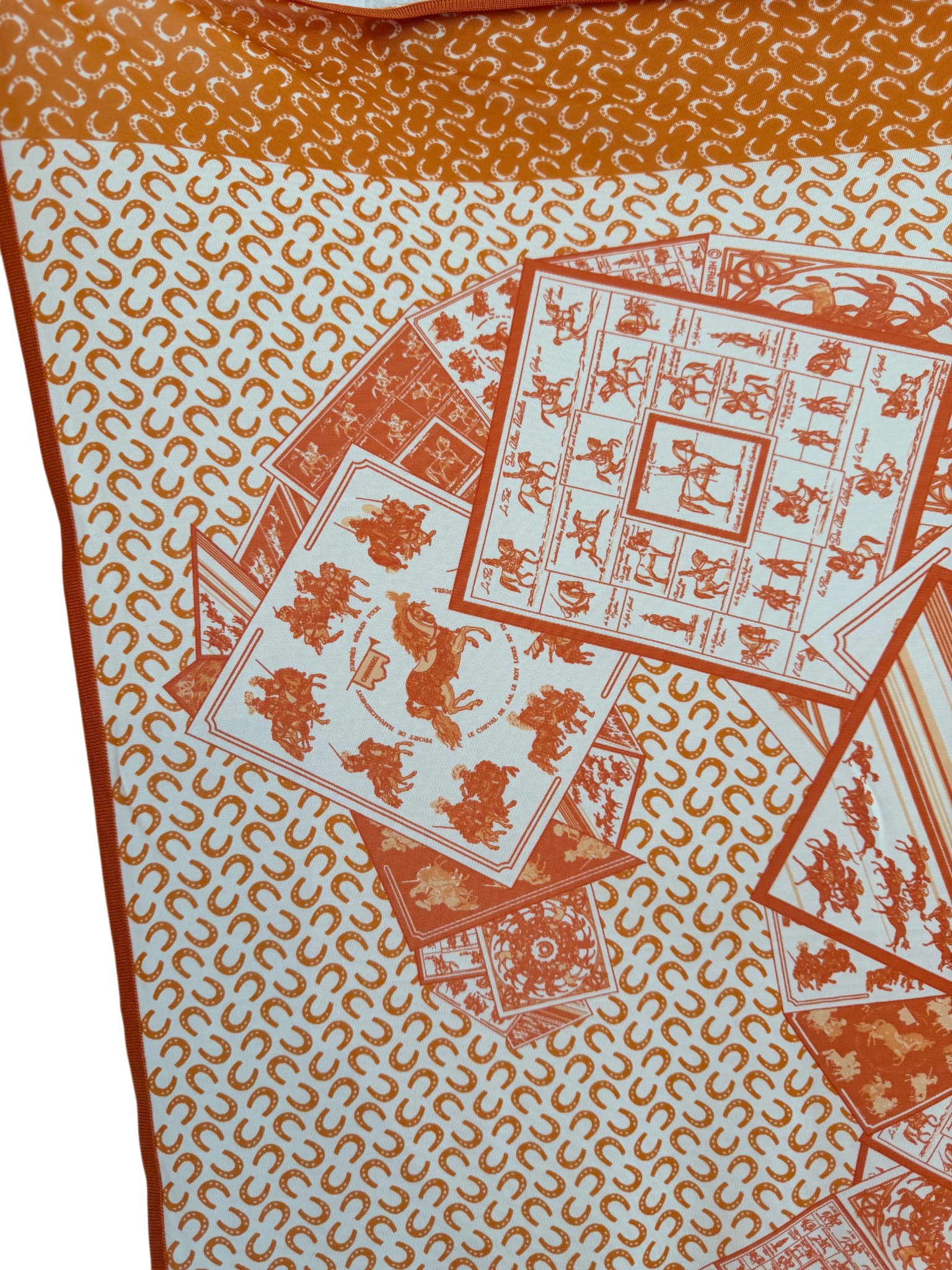 Hermès “À Cheval sur Mon Carré” Orange & White Silk Stretch Scarf