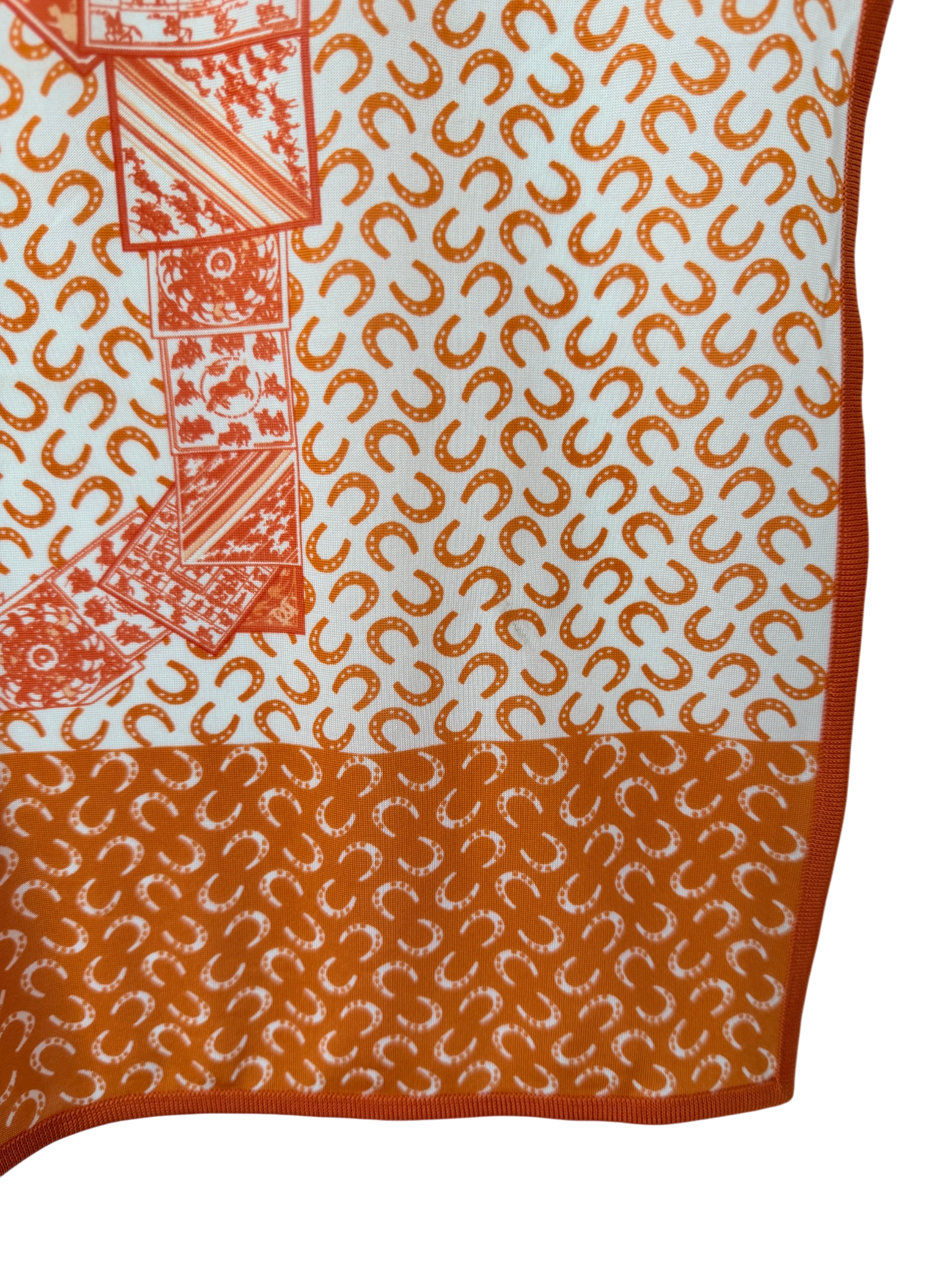Hermès “À Cheval sur Mon Carré” Orange & White Silk Stretch Scarf