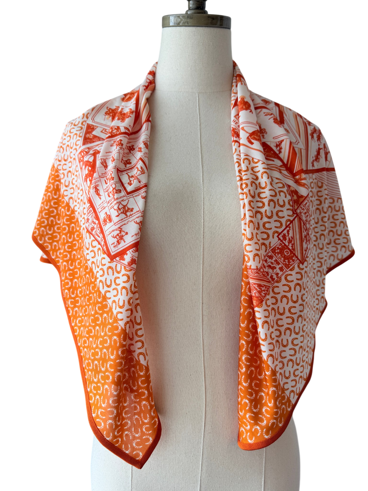 Hermès “À Cheval sur Mon Carré” Orange & White Silk Stretch Scarf