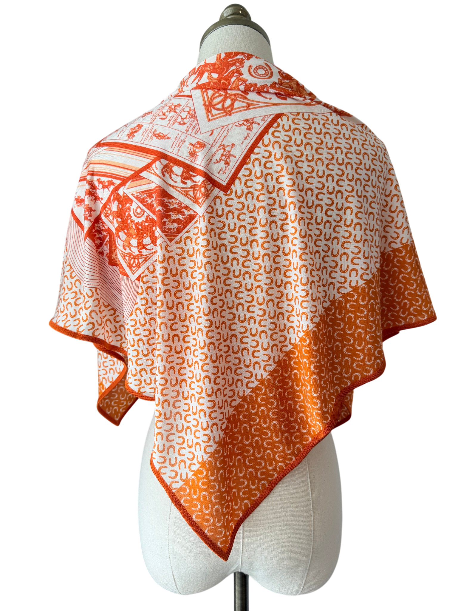 Hermès “À Cheval sur Mon Carré” Orange & White Silk Stretch Scarf