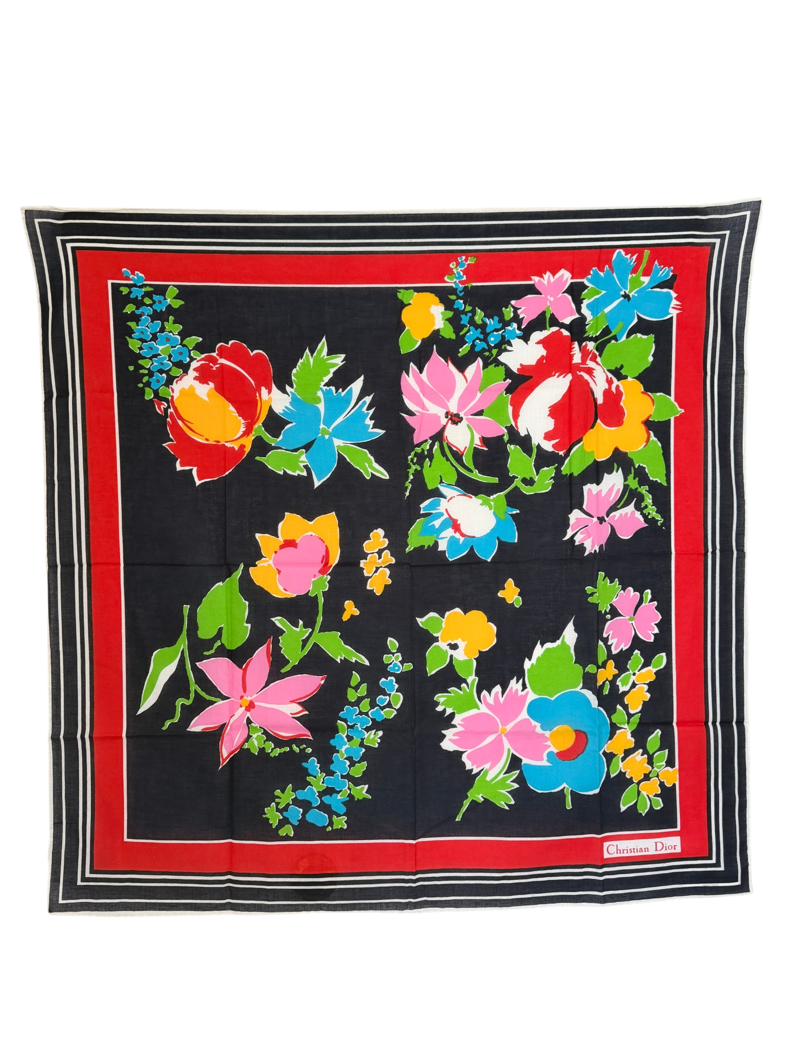 Christian Dior Navy & Red Cotton Band Scarf with Floral Center