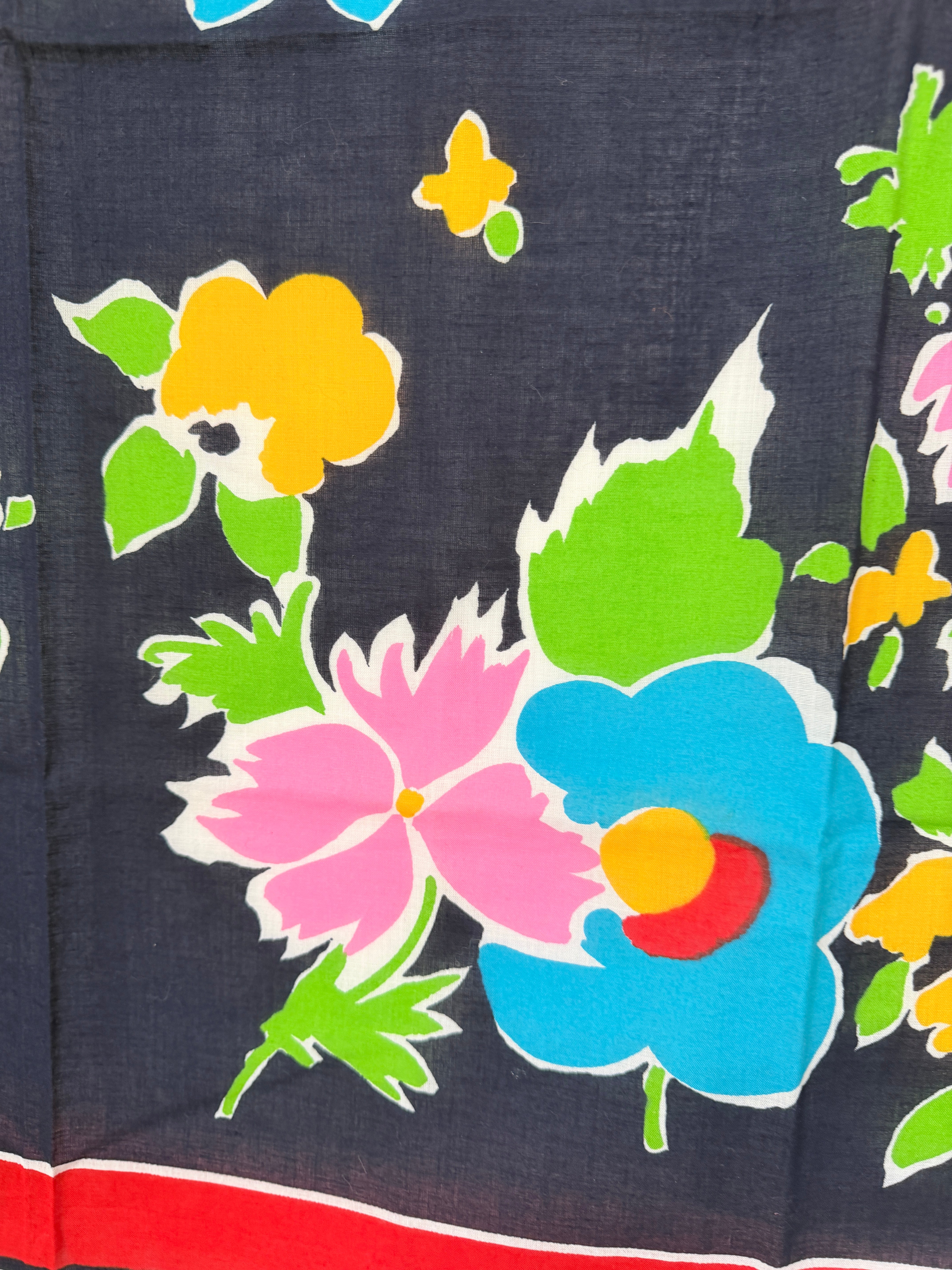 Christian Dior Navy & Red Cotton Band Scarf with Floral Center
