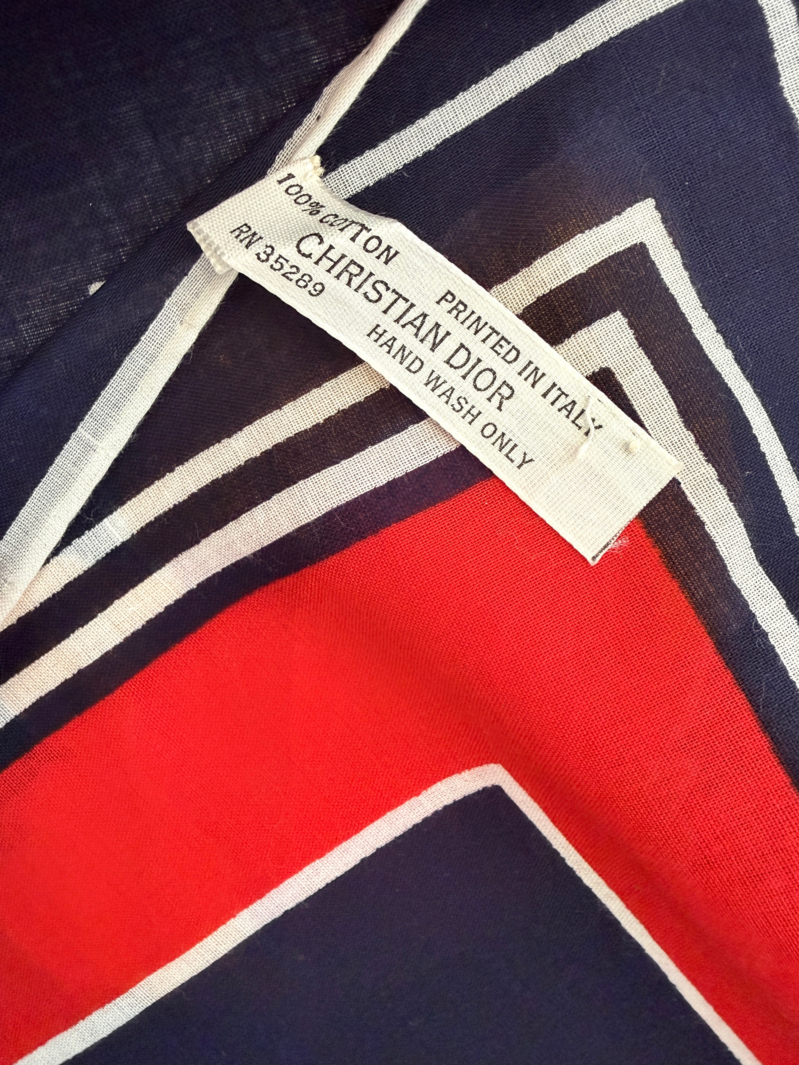Christian Dior Navy & Red Cotton Band Scarf with Floral Center