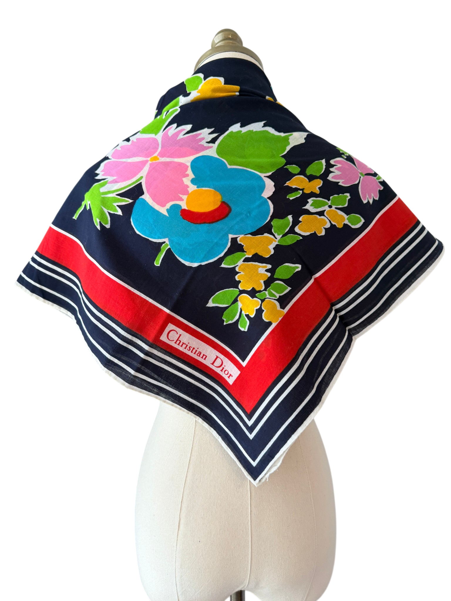 Christian Dior Navy & Red Cotton Band Scarf with Floral Center