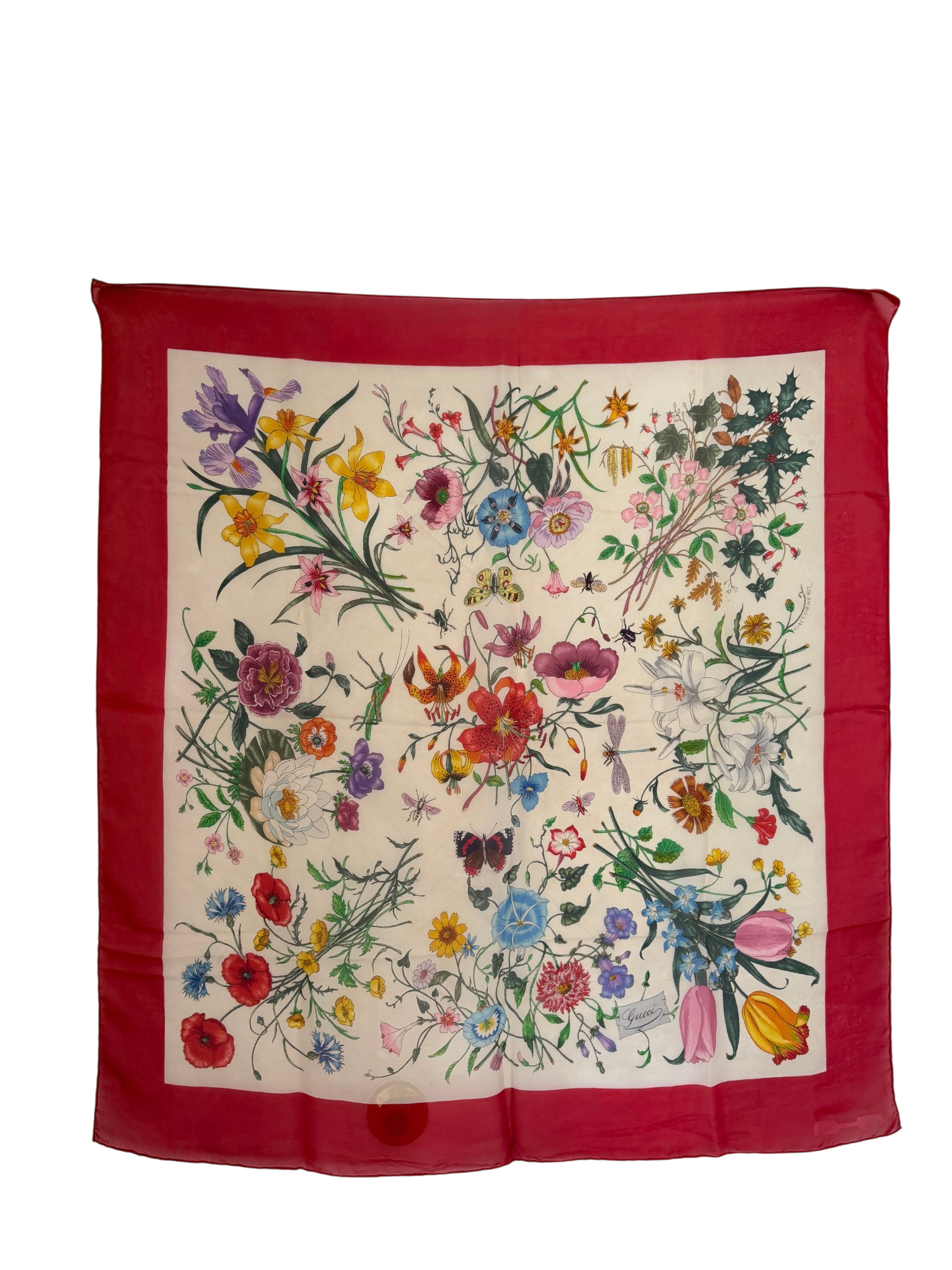 1970s Authentic Gucci Floral Silk Scarf with Red Trim