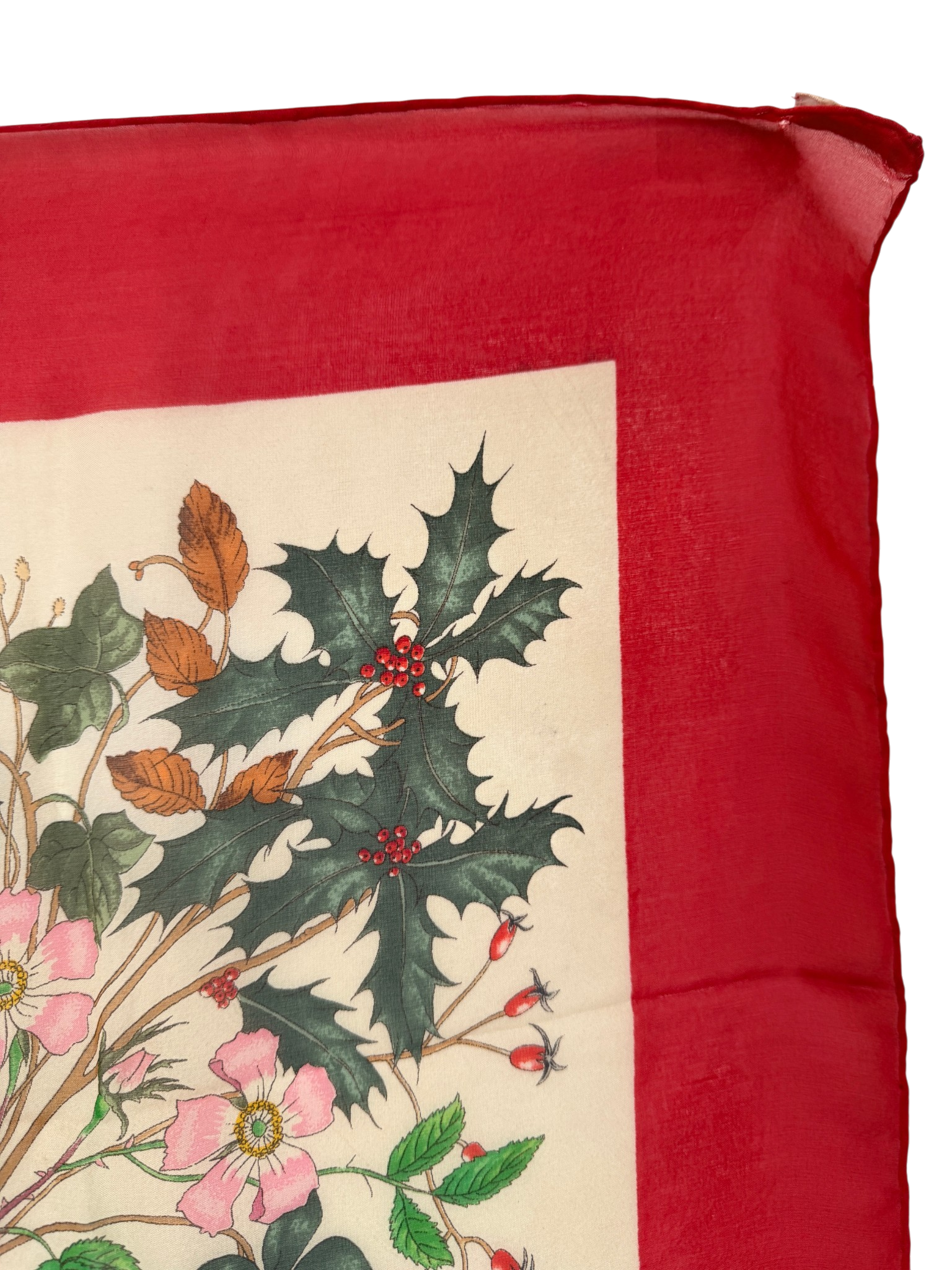 1970s Authentic Gucci Floral Silk Scarf with Red Trim