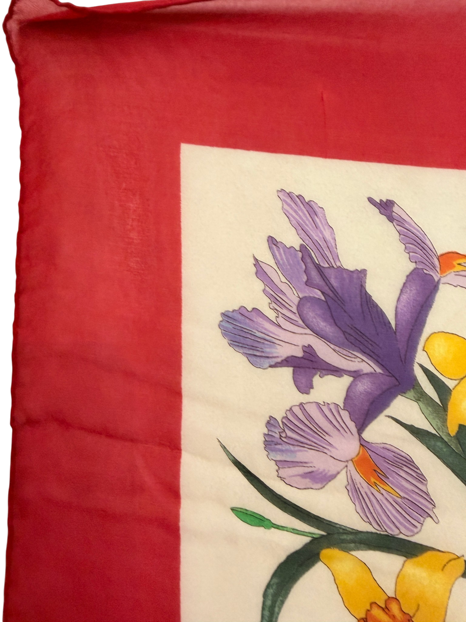 1970s Authentic Gucci Floral Silk Scarf with Red Trim