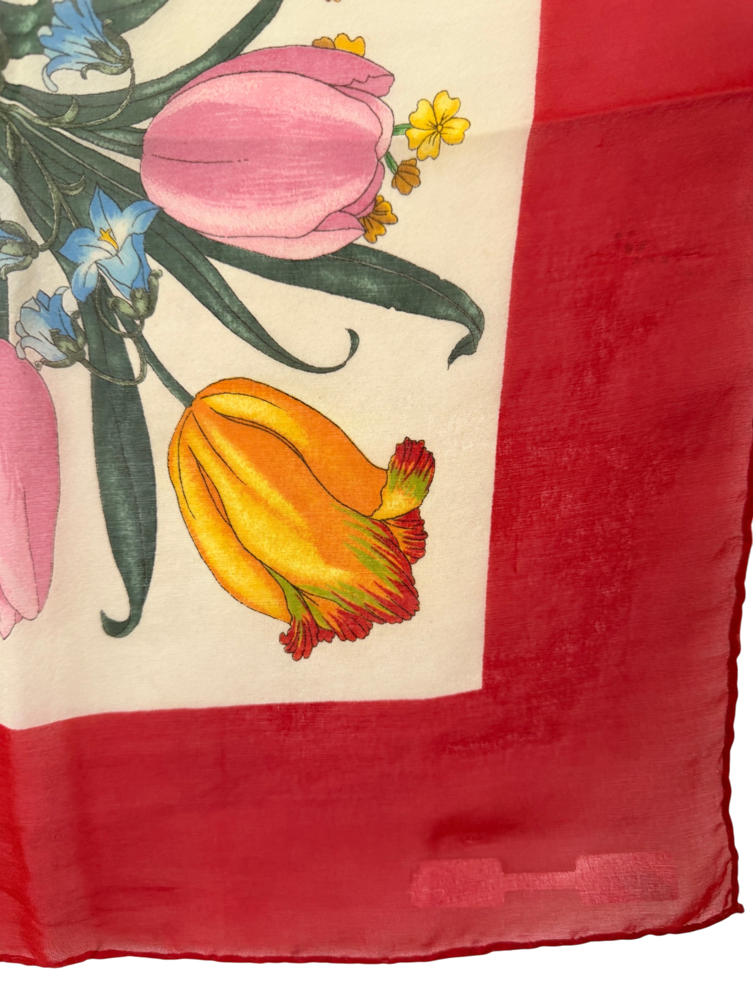 1970s Authentic Gucci Floral Silk Scarf with Red Trim