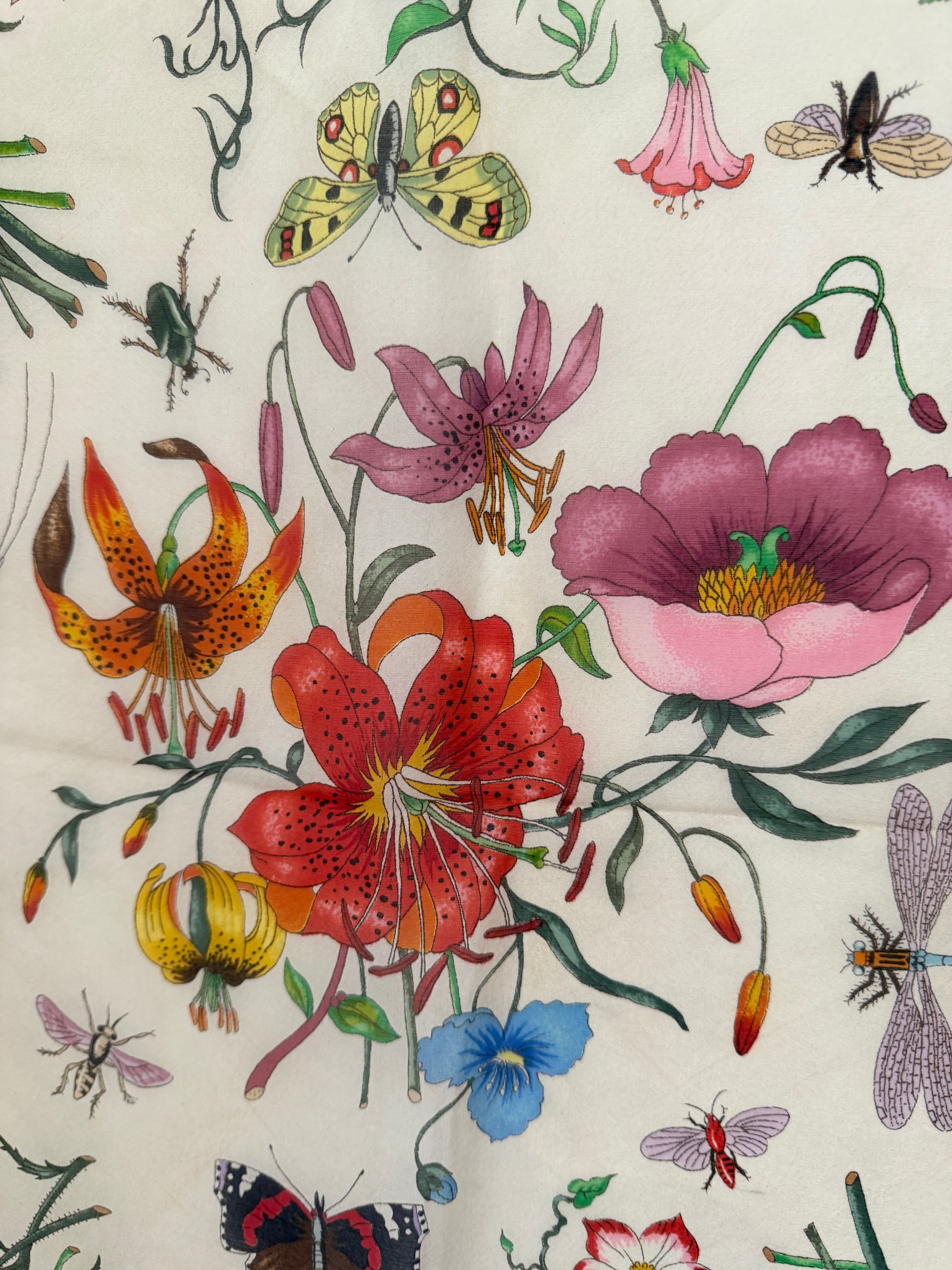 1970s Authentic Gucci Floral Silk Scarf with Red Trim