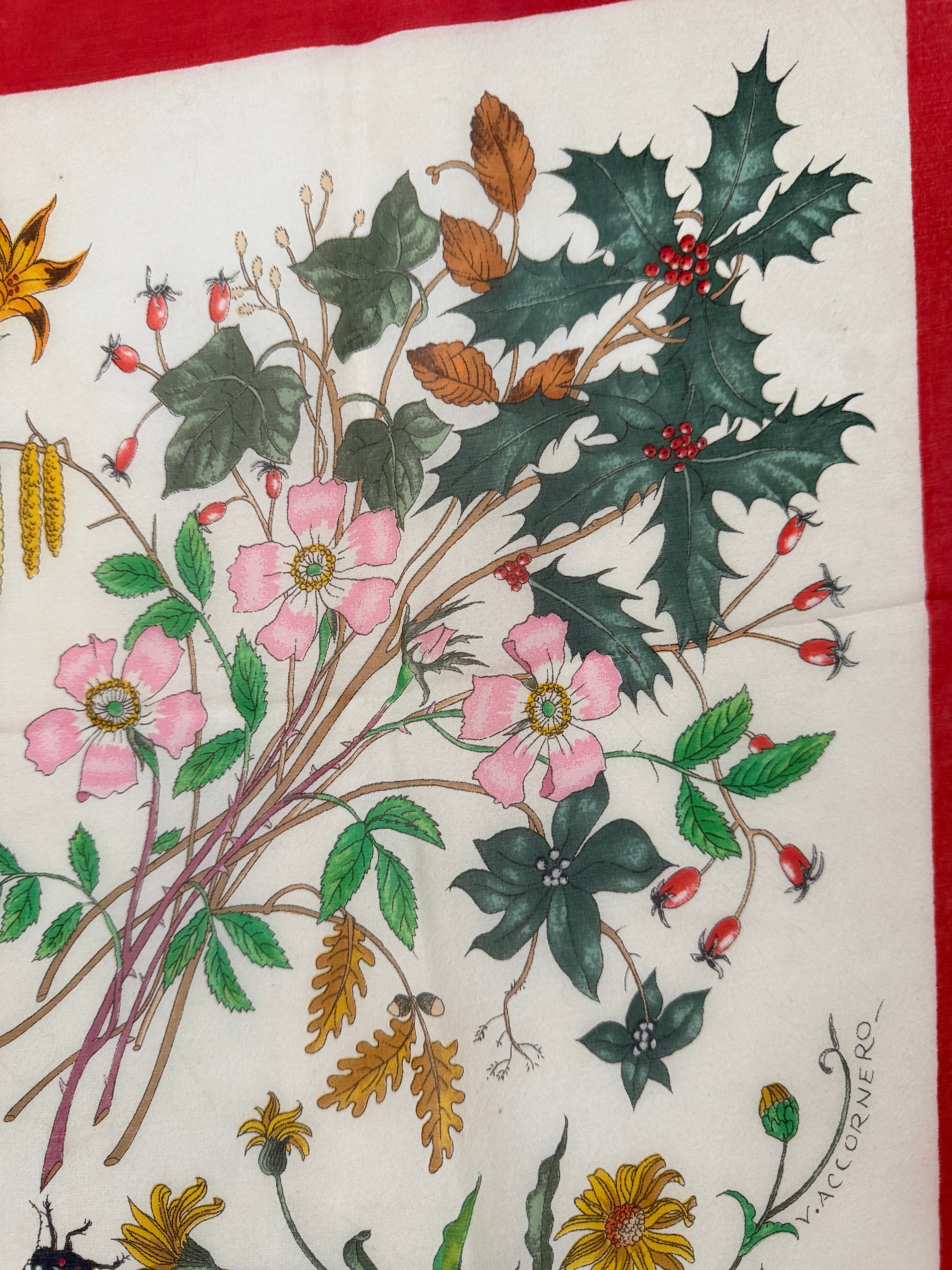 1970s Authentic Gucci Floral Silk Scarf with Red Trim